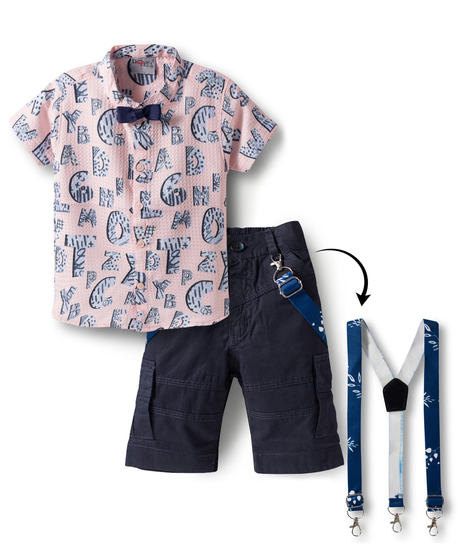 Dapper Dudes Half Sleeves Alphabets Printed Shirt & Shorts Set With Suspender & Bow - Peach-picture-20