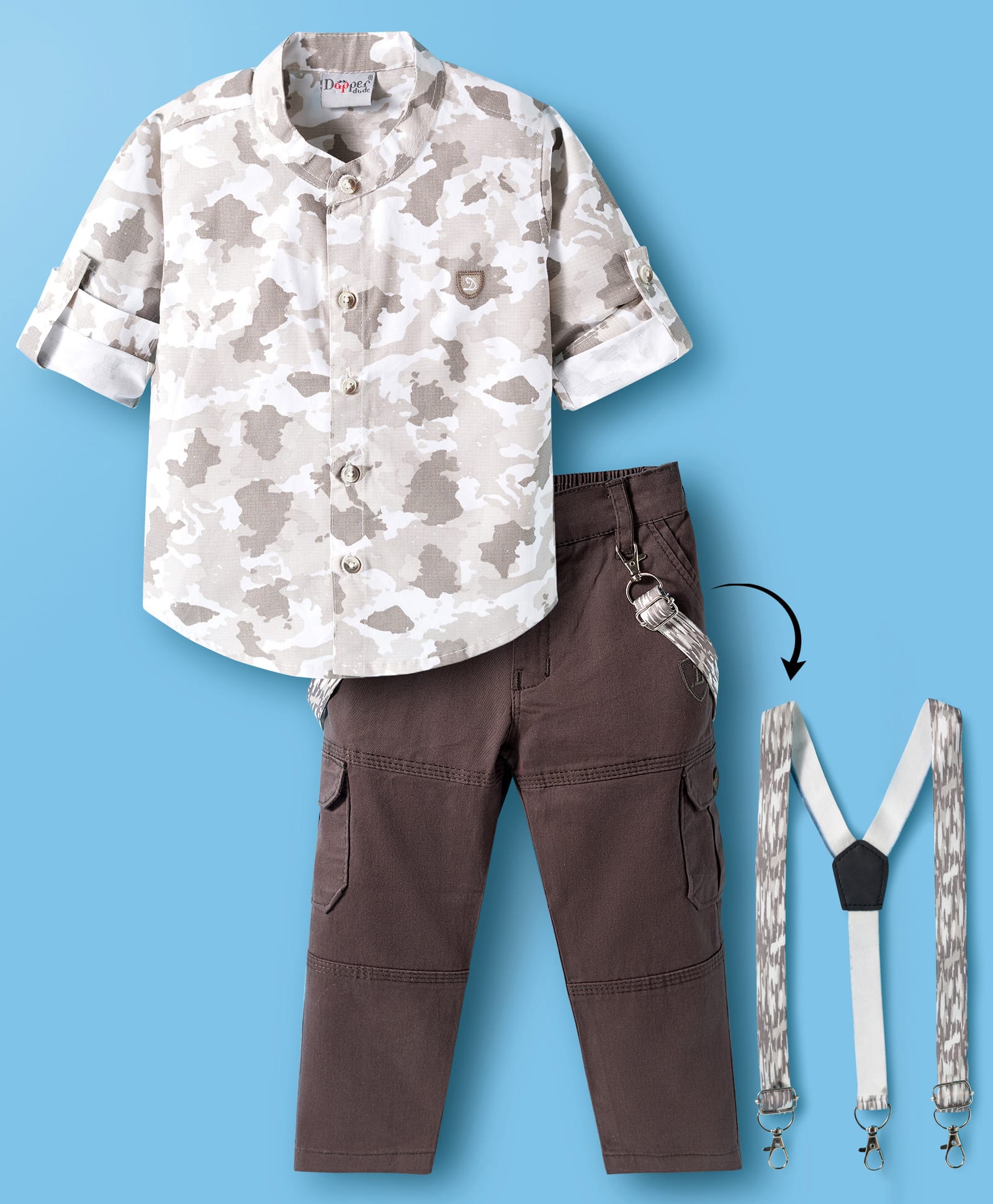Dapper Dudes Full Sleeves Camouflage Printed Shirt & Pant Set With Suspender - Brown-picture-15