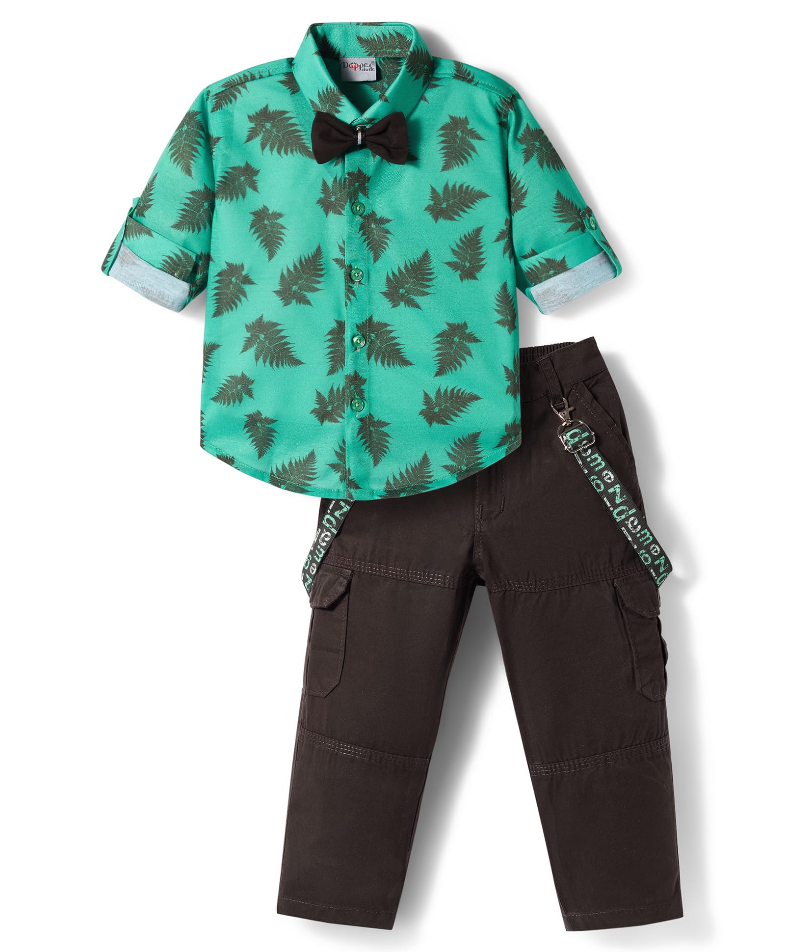 Dapper Dudes Full Sleeves Camouflage Printed Shirt & Pant Set With Bow & Suspender - Green-picture-13
