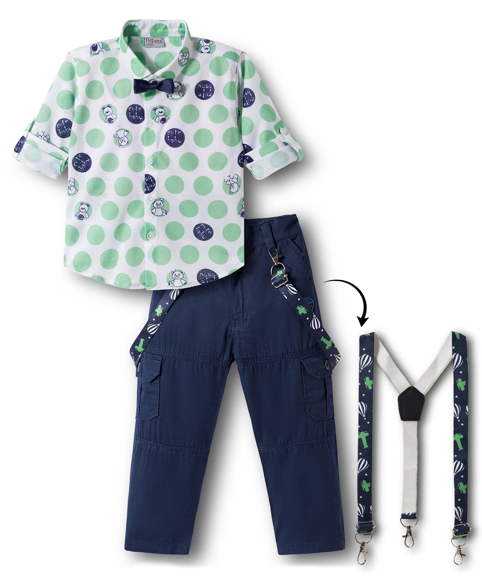 Dapper Dudes Full Sleeves Teddy Bear Printed Shirt & Pant Set With Bow & Suspender - Green-picture-10