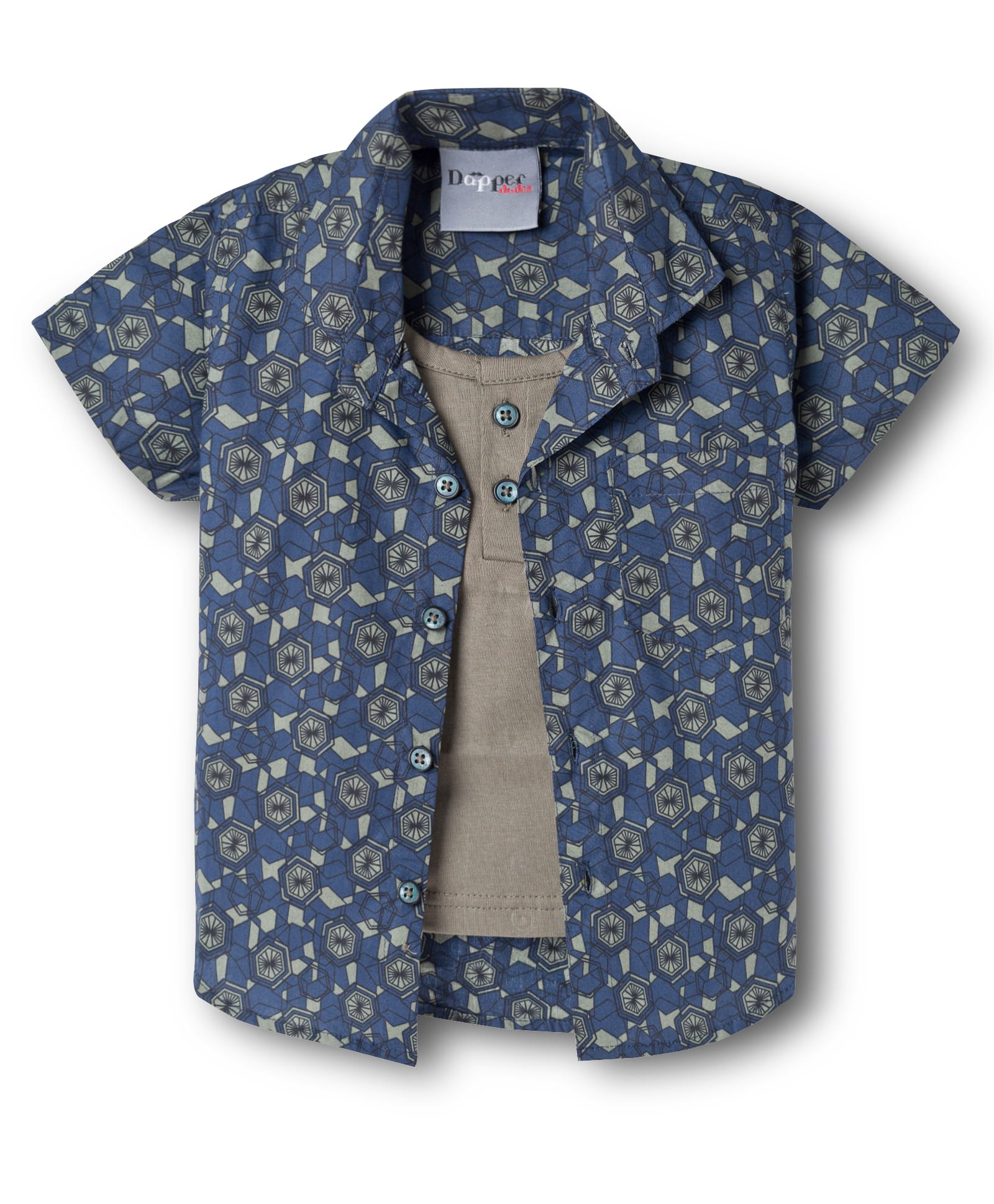 Dapper Dudes Half Sleeves Geometric Printed Shirt With Attached Solid Tee - Navy Blue-image-44