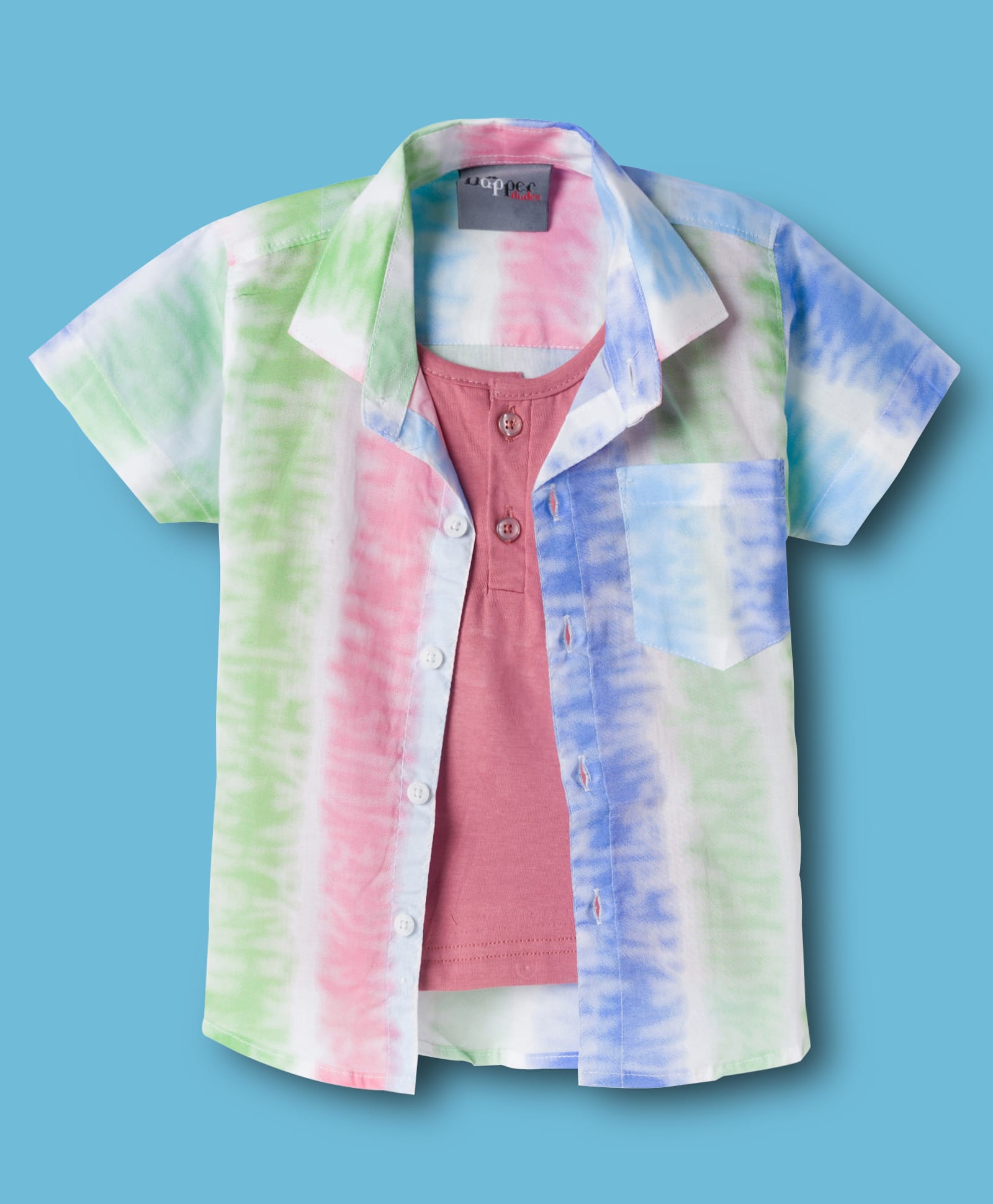 Dapper Dudes Half Sleeves Tie Dye Printed Shirt With Attached Solid Tee - Multi Colour-picture-16