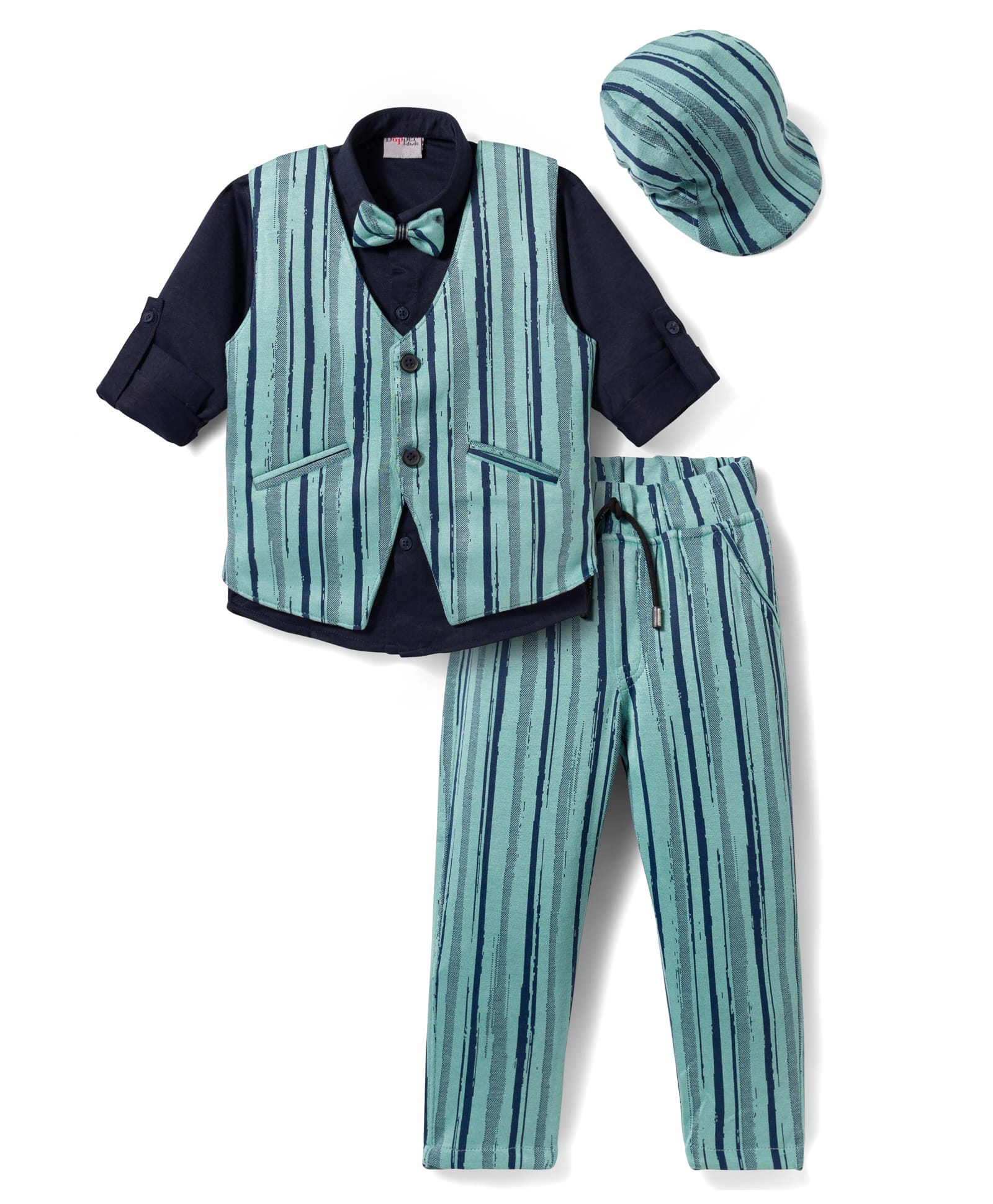 Dapper Dudes Full Sleeves Solid Shirt Striped Waistcoat & Bottom With Bow & Cap - Green-image-36
