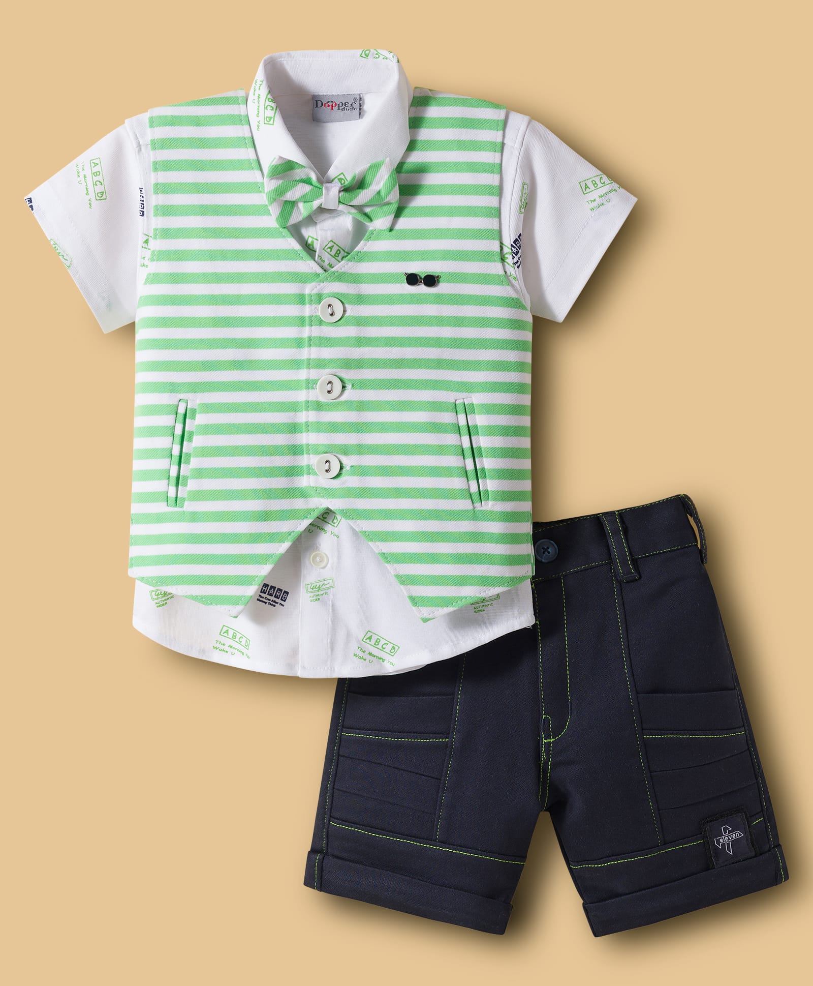 Dapper Dudes Half Sleeves Typography Printed Shirt Shorts & Striped Waistcoat Set With Bow - Green-picture-36