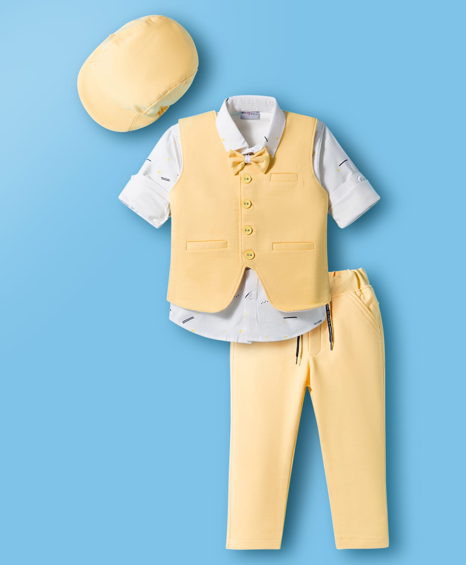 Dapper Dudes Full Sleeves Abstract Printed Shirt & Pant Set With Solid Waistcoat Bow & Cap - Yellow-picture-32