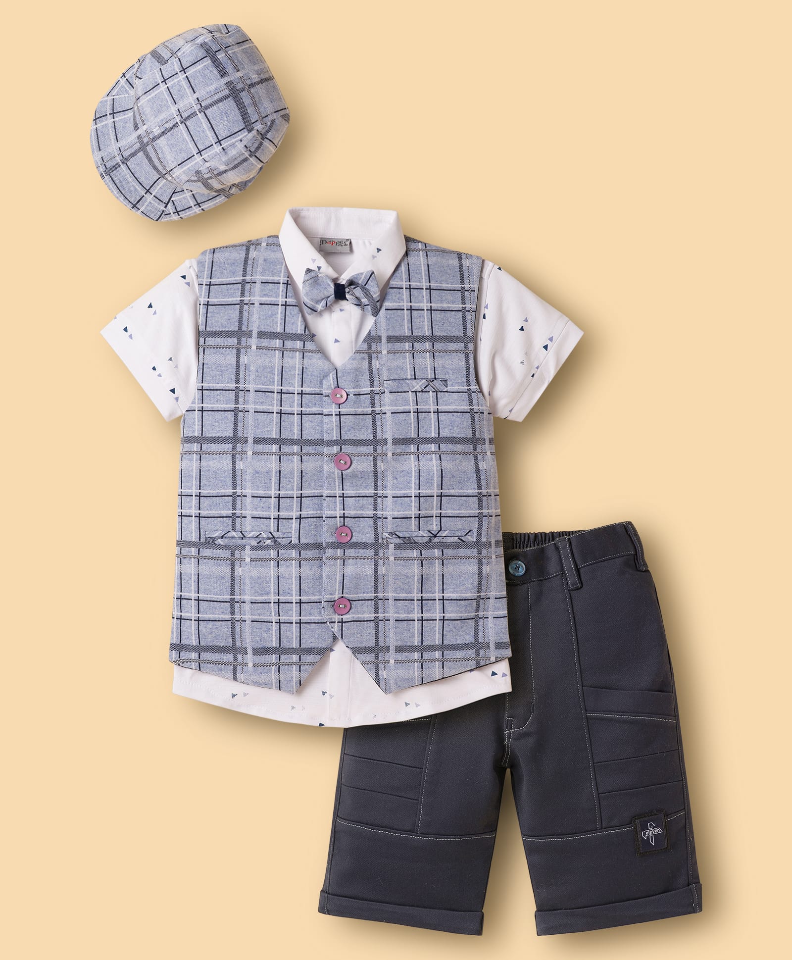 Dapper Dudes Half Sleeves Geometric Printed Shirt Checked Waistcoat & Shorts Set With Bow & Cap - Blue-picture-36