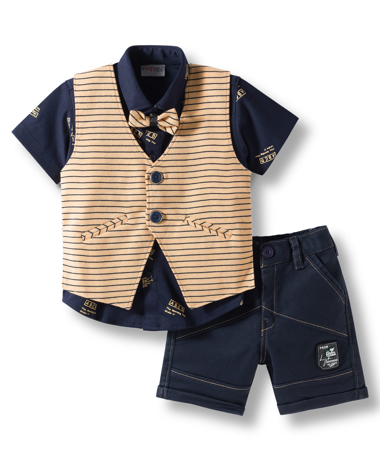 Dapper Dudes Half Sleeves Solid Shirt Striped Waistcoat & Shorts Set With Bow - Yellow-picture-34