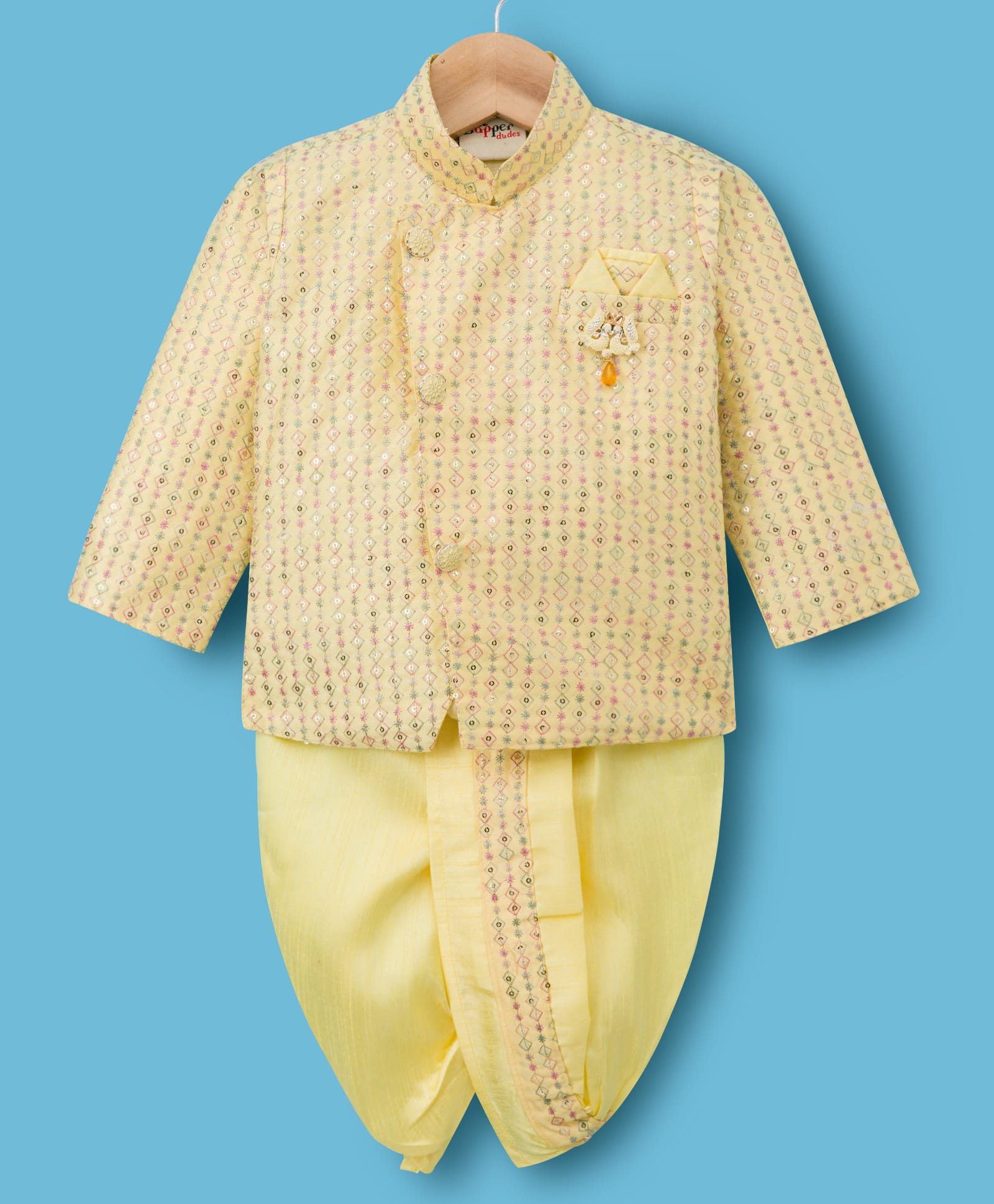 Dapper Dudes Full Sleeves Sequins Embellished Geometric Embroidered Brooch Detailed Kurta & Dhoti Set - Lemon-image-43