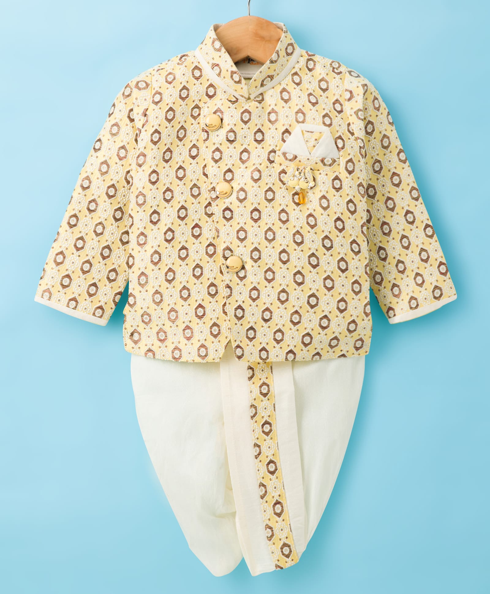 Dapper Dudes Full Sleeves Geometric Embroidered Brooch Detailed Kurta & Dhoti Set - Lemon-image-34