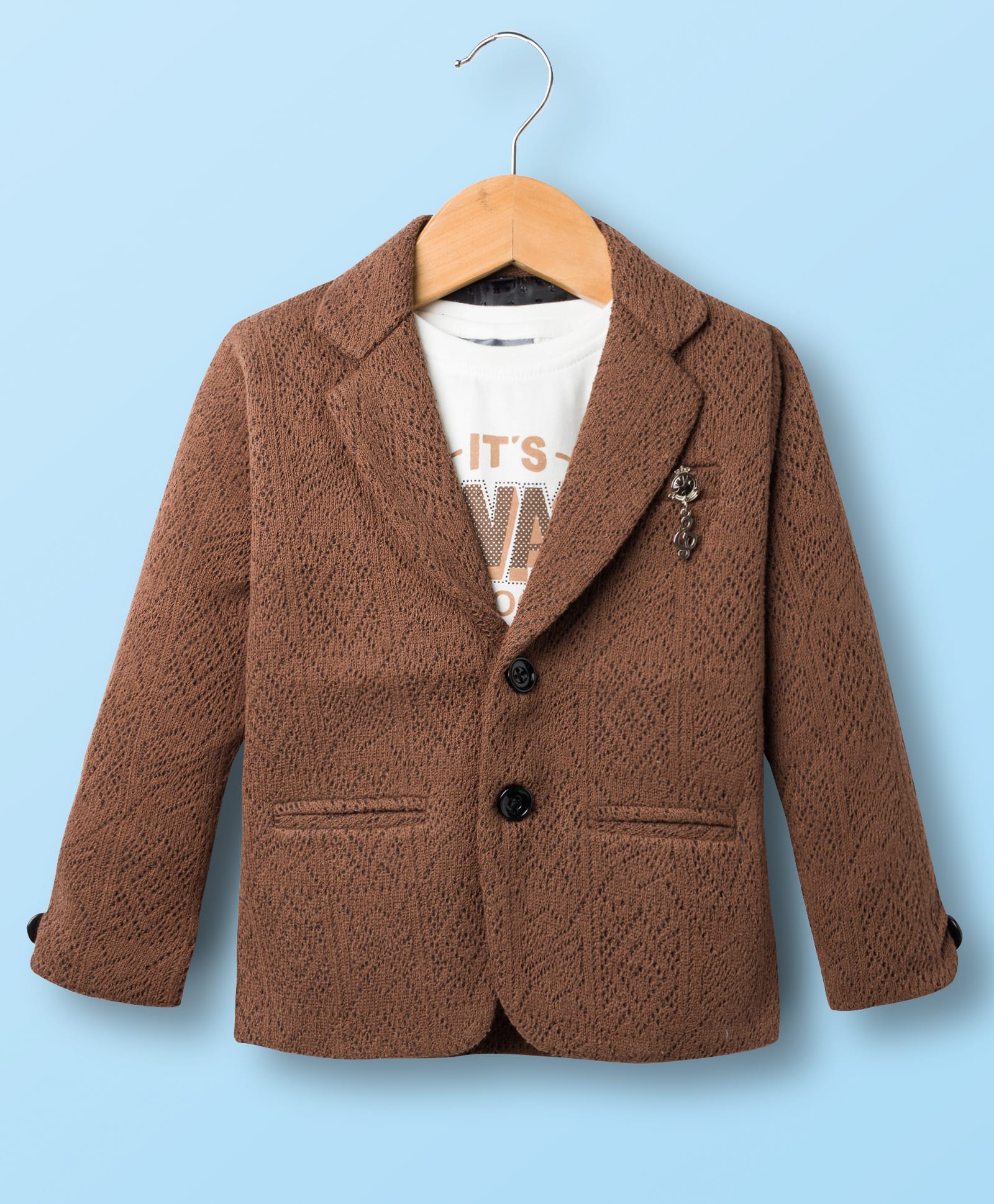 Dapper Dudes Full Sleeves Textured & Treble Clef Brooch Detailed Blazer With Typography Printed Tee - Light Brown-image-29