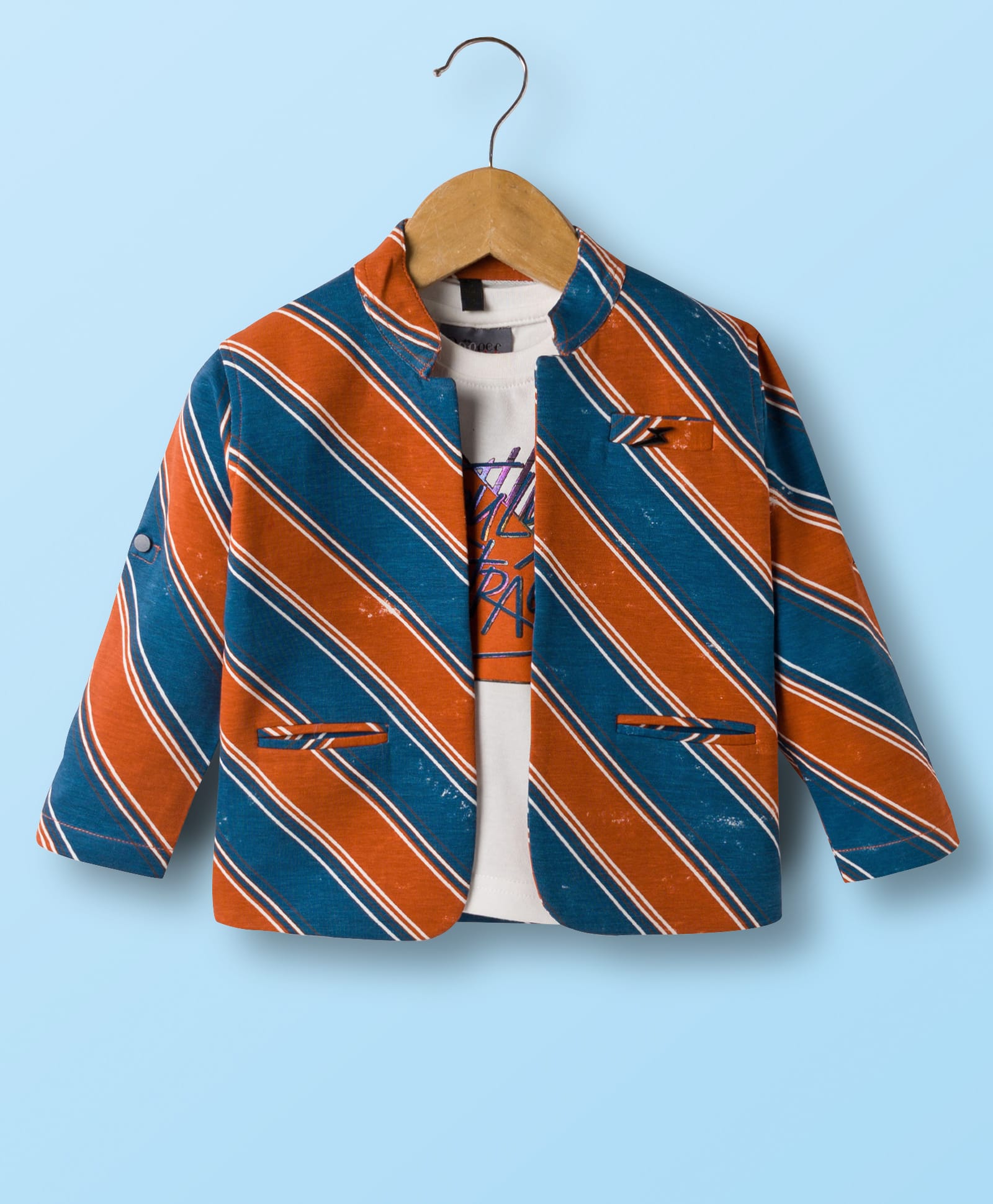 Dapper Dudes Full Sleeves Striped Jacket With Typography Printed Tee - Rust-image-30