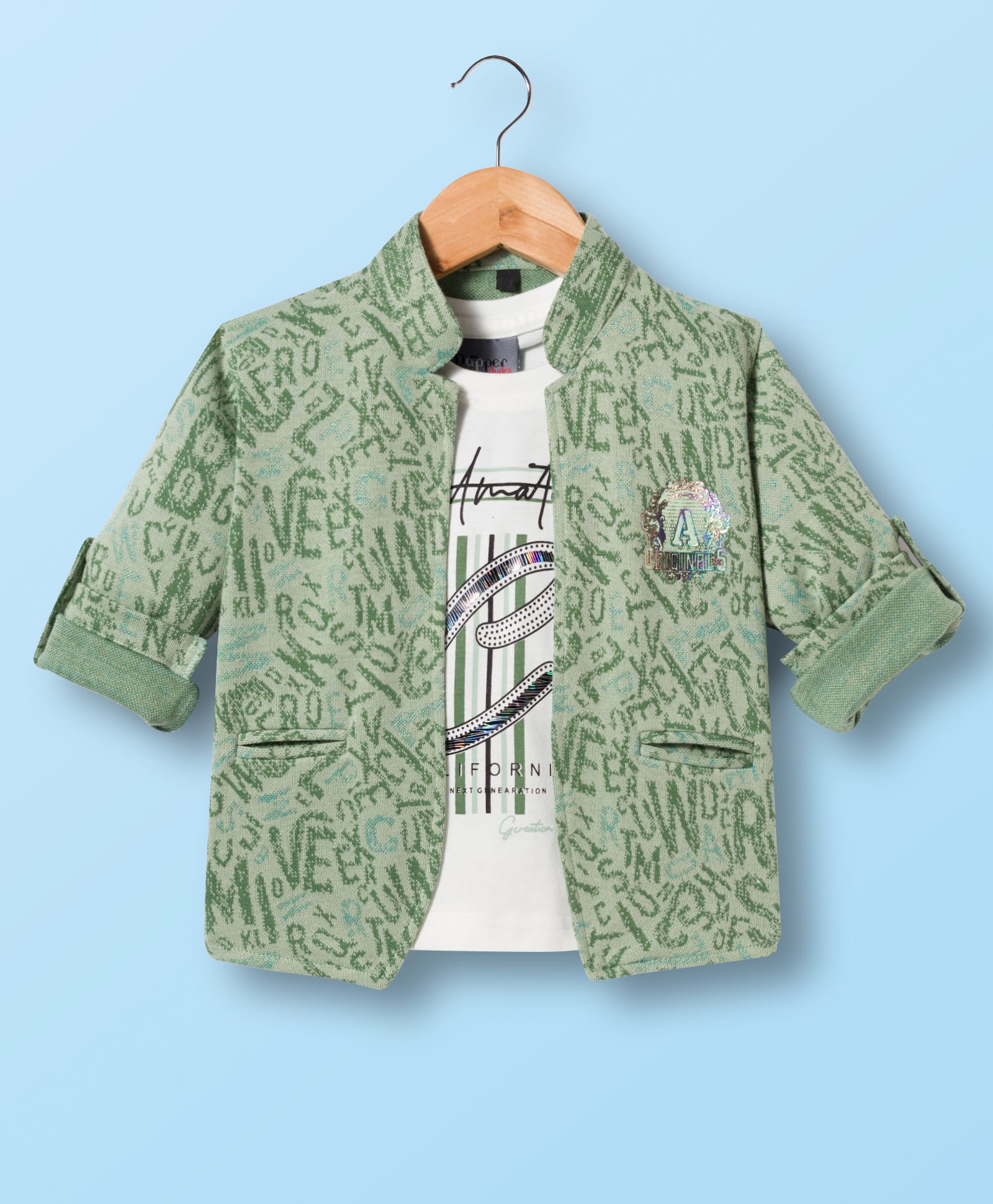 Dapper Dudes Full Sleeves Sequins Embellished Typography Printed Jacket With Tee - Pista Green-image-15