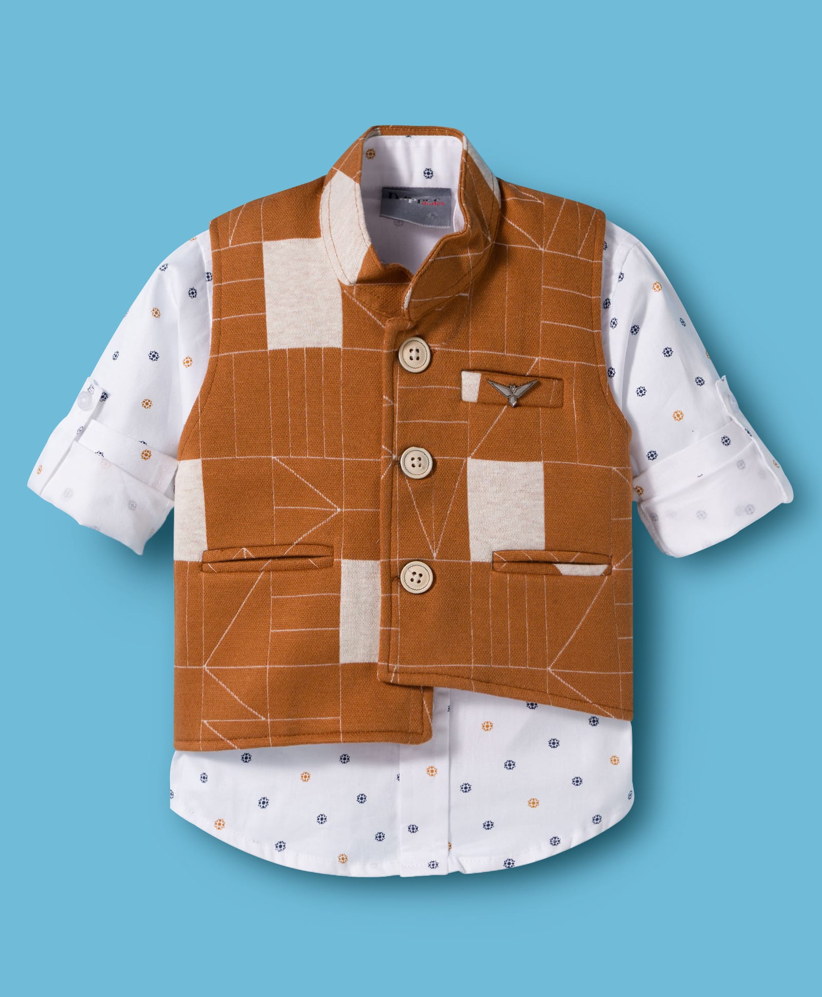 Dapper Dudes Geometric Printed Jacket With Full Sleeves Shirt - Brown-image-9