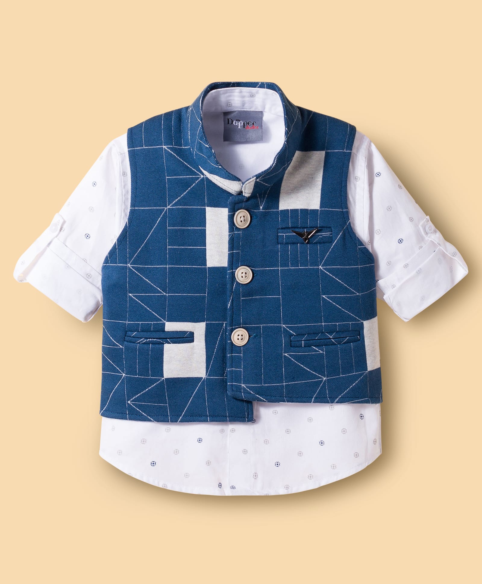Dapper Dudes Geometric Printed Jacket With Full Sleeves Shirt - Dark Blue-image-43