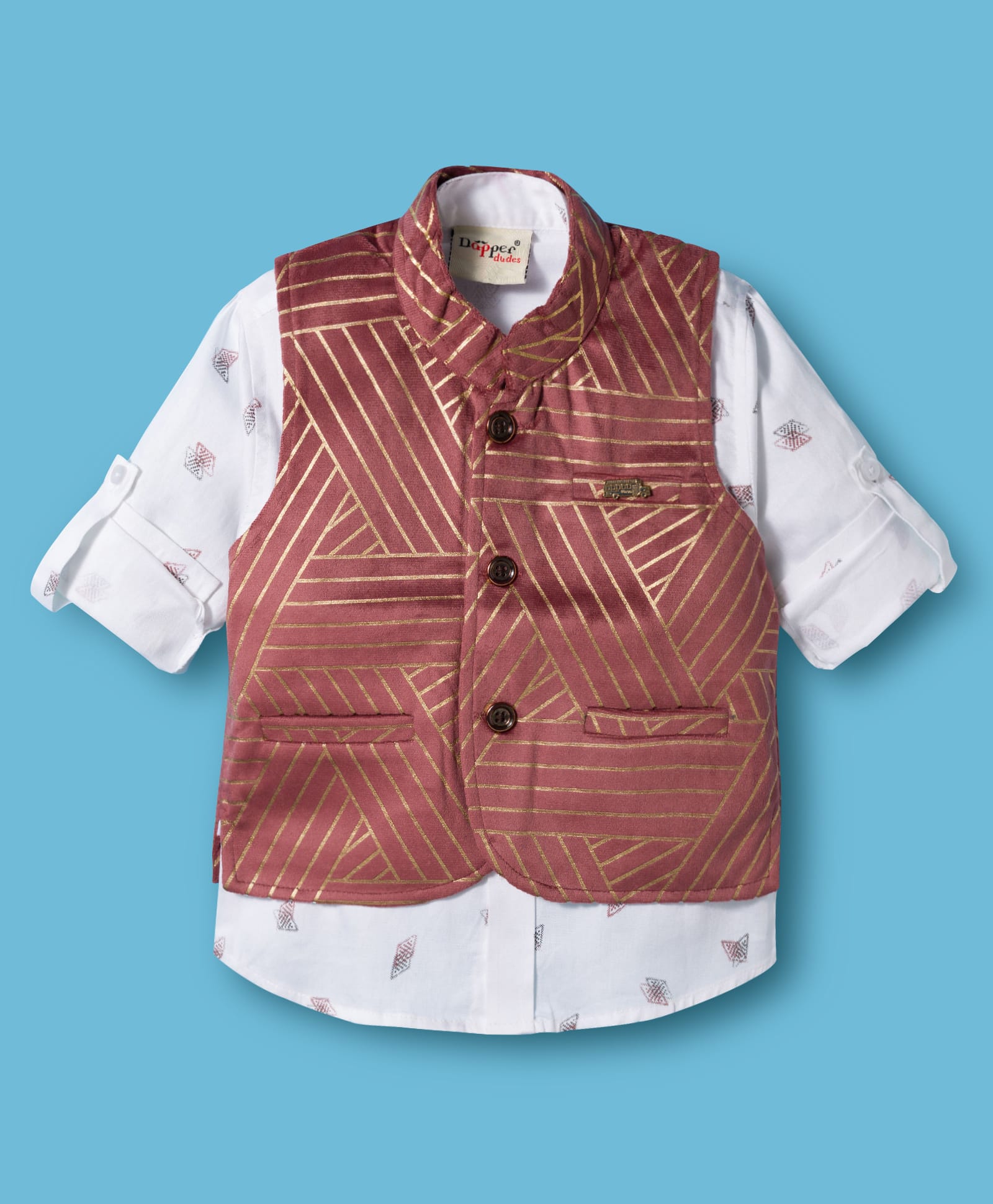 Dapper Dudes Full Sleeves Geometric Printed Shirt With Striped Waistcoat - Peach-image-47