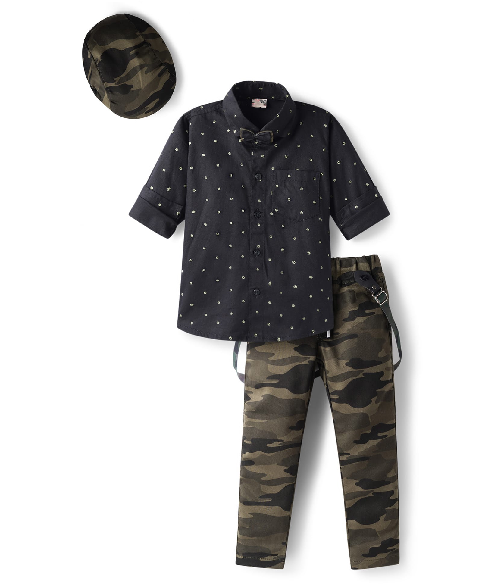 Dapper Dudes Full Sleeves Abstract Printed Shirt & Pant Set With Bow Suspender & Cap - Olive-image-16