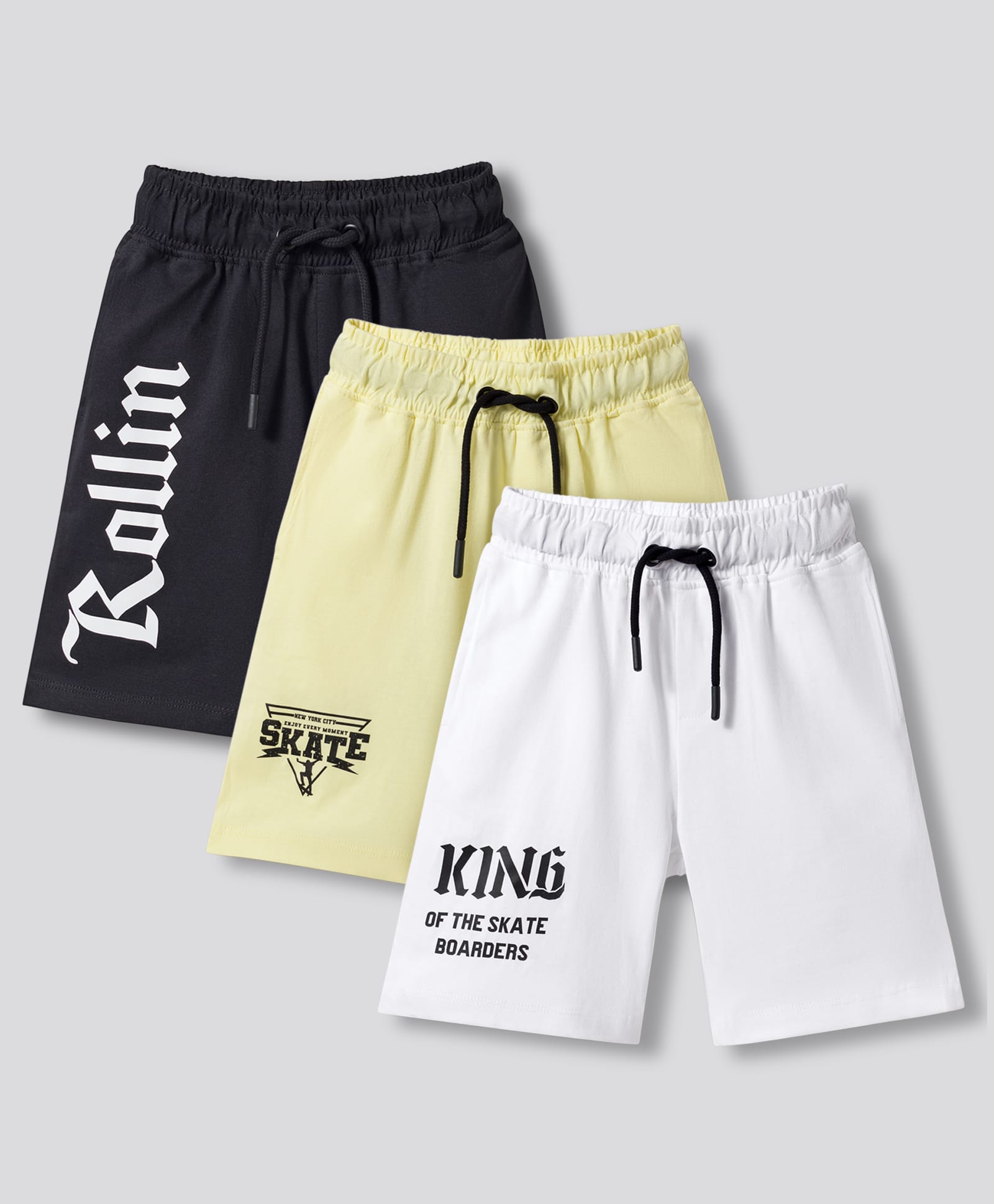 Primo Gino 100% Cotton French Terry Knit Knee Length Shorts With Text Print Pack of 3 - Multicolour-picture-22
