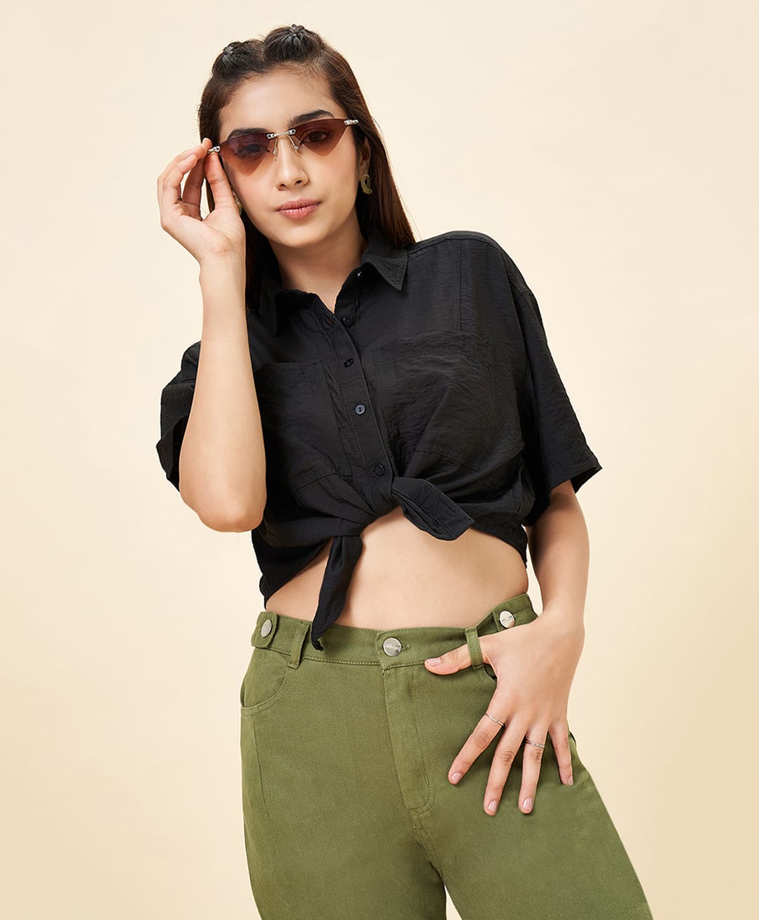 Coolsters by Pantaloons Viscose Woven Half Sleeves Solid Tie Up Detailed Top - Black-picture-14