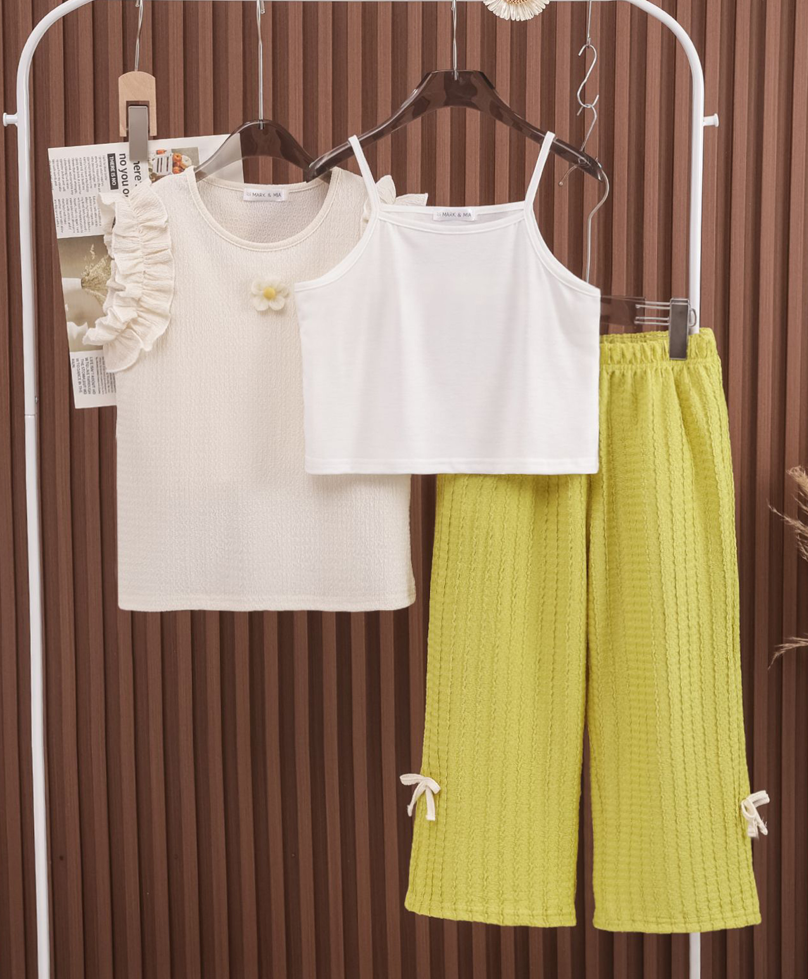 Mark & Mia Frill Sleeves Top & Lounge Pant with Inner Tee & Floral Applique - Beige-image-20