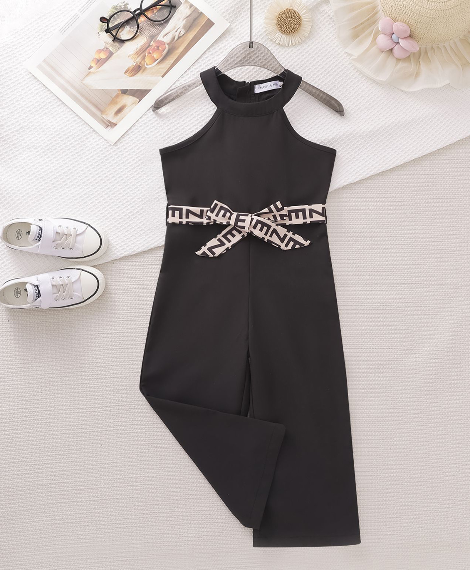 Mark & Mia Cotton Sleeveless Solid Colour Jumpsuit with Bow Applique - Black-picture-29