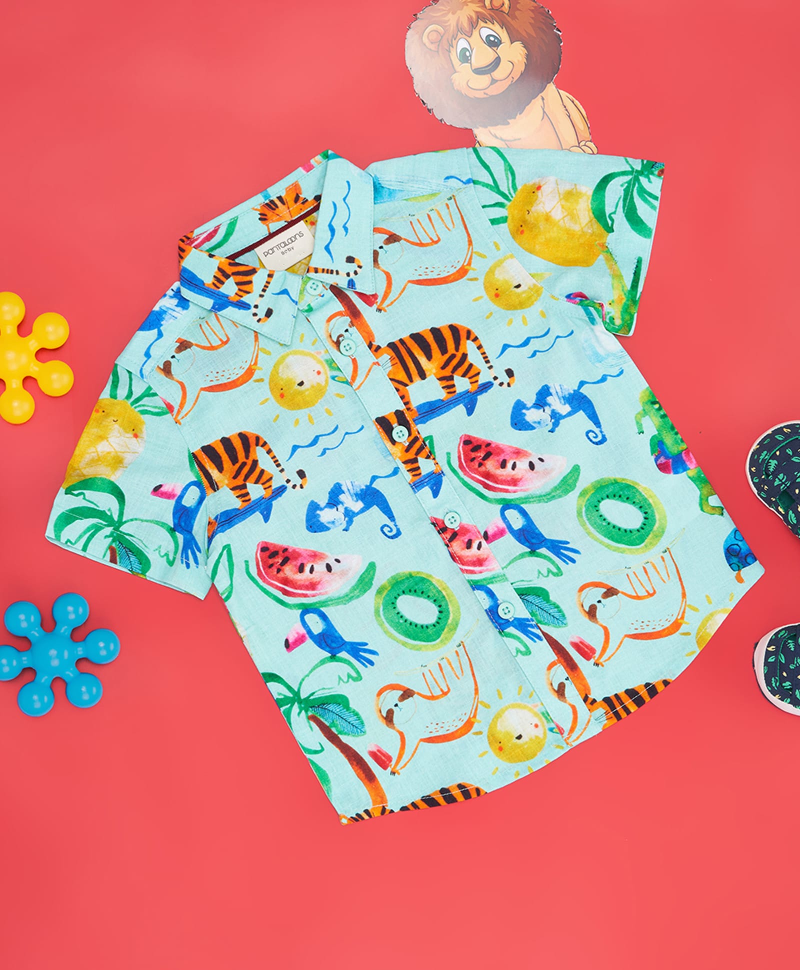 Pantaloons Baby Cotton Woven Half Sleeves Animal & Fruits Printed Shirt - Green-image-5