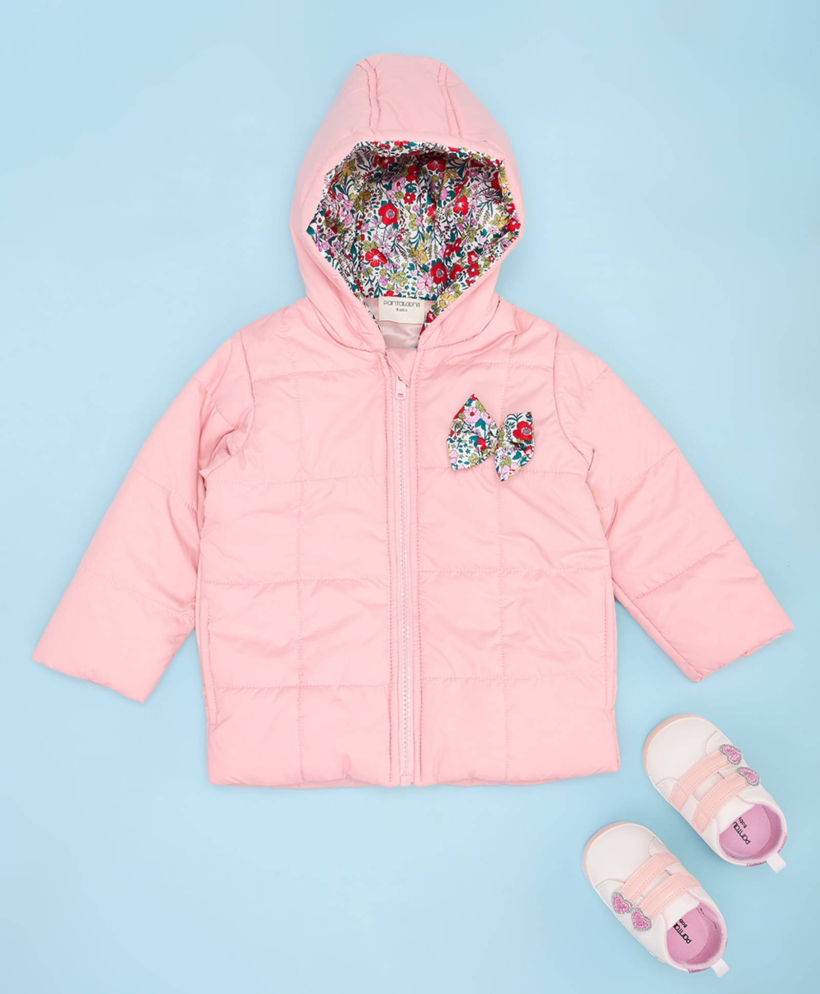 Pantaloons Baby Woven Full Sleeves Bow Applique Detailed Light Winter Quilted Hooded Jacket - Pink-image-12
