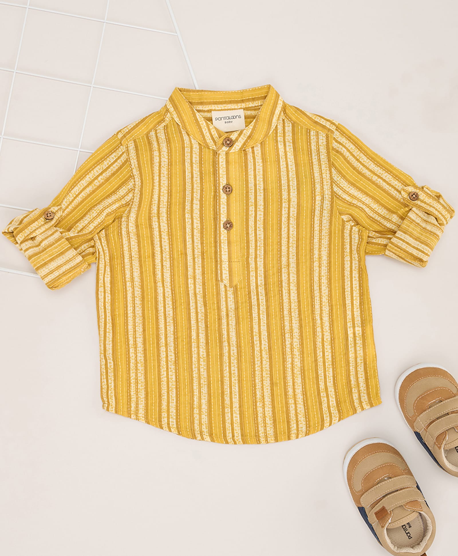 Pantaloons Baby Cotton Woven Full Sleeves Striped Kurta Style Shirt - Yellow-picture-24