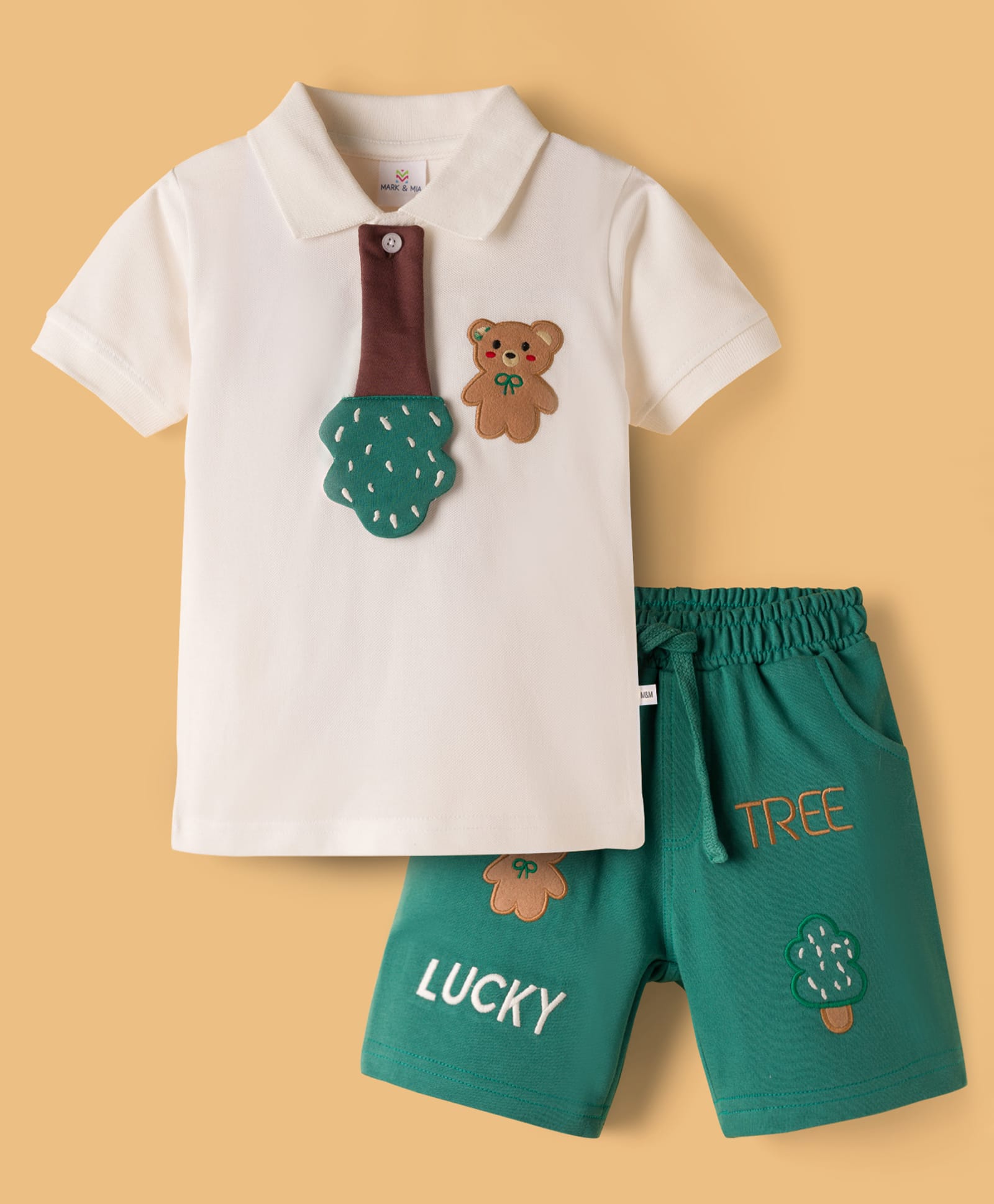 Mark & Mia Cotton Knit Half Sleeves Polo T-Shirt & Shorts With Tie Applique & Teddy Bear Embroidery - Multicolor