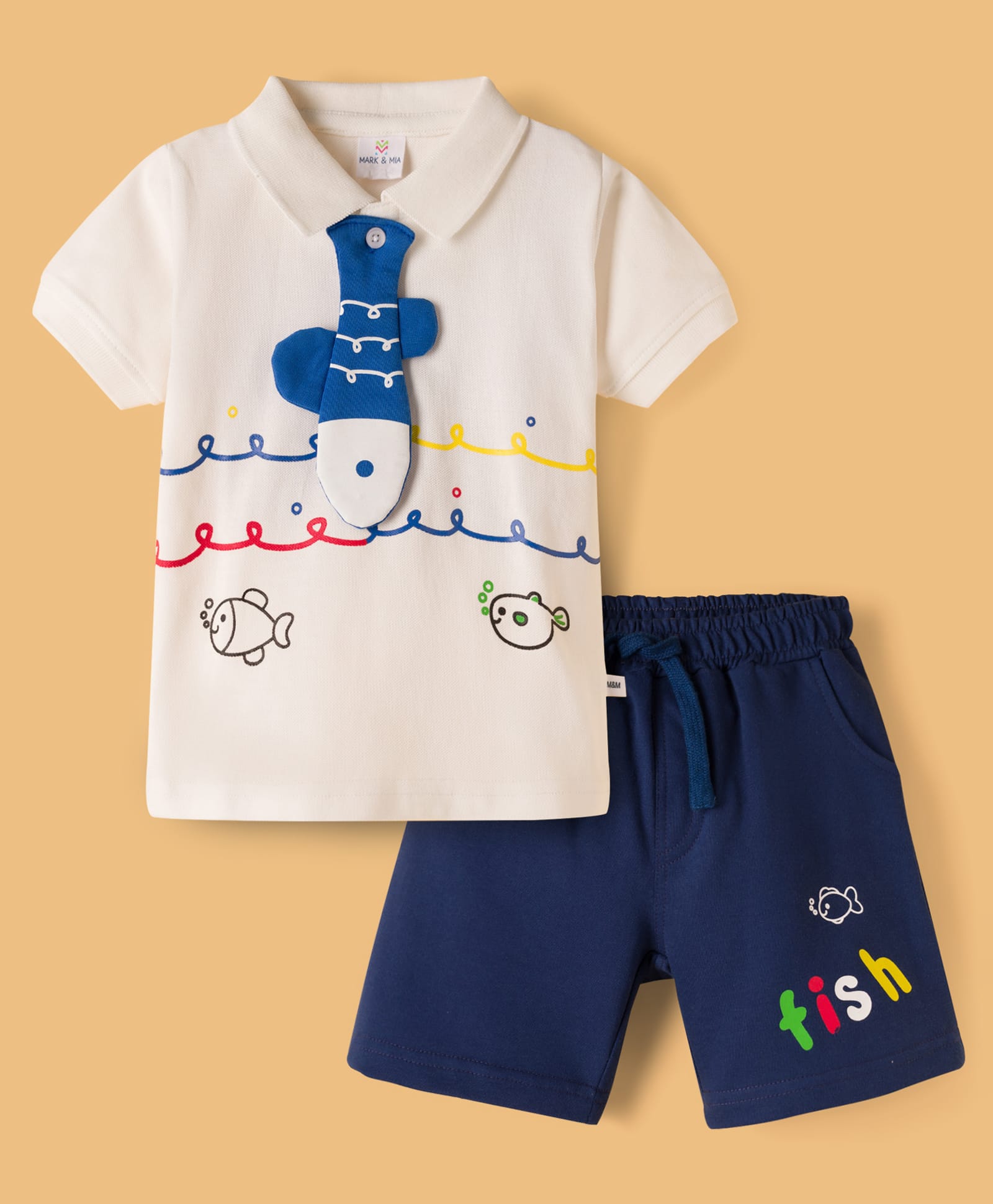 Mark & Mia Cotton Knit Half Sleeves Polo T-Shirt & Shorts With Tie Applique & Fish Print - Multicolor