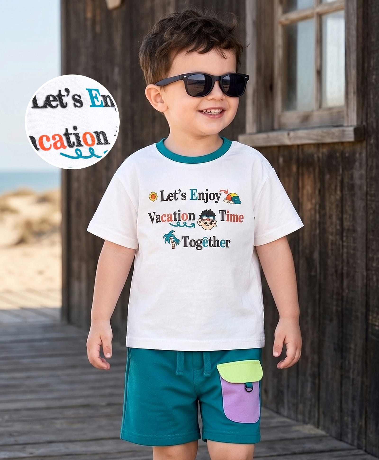 Mark & Mia Cotton Knit Half Sleeves Oversized T-Shirt & Shorts Set with Vacation Print - Multicolor-picture-36
