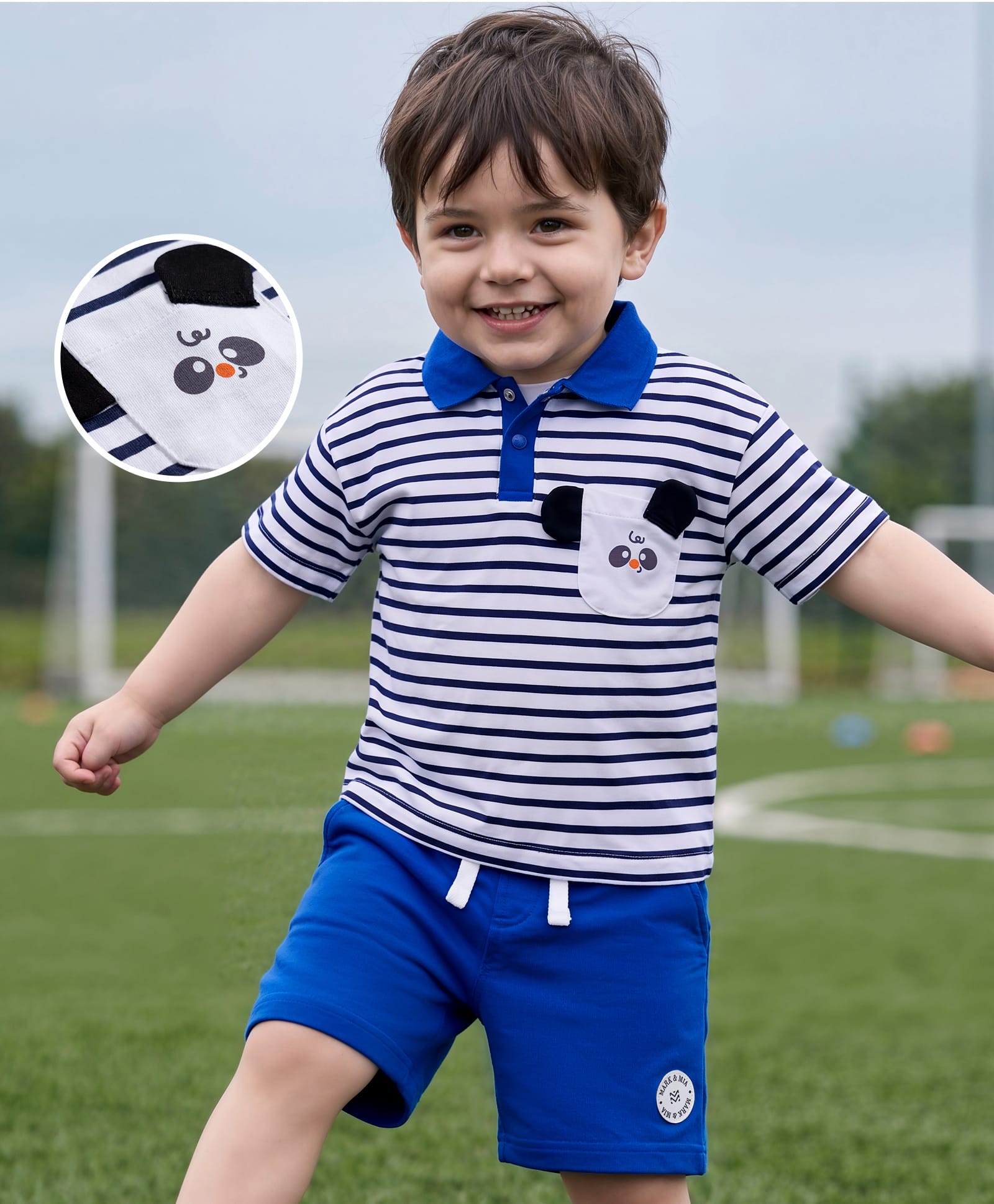 Mark & Mia Cotton Knit Half Sleeves Oversized Striped Polo T-Shirt & Shorts Set With Panda Print - Multicolor-image-34