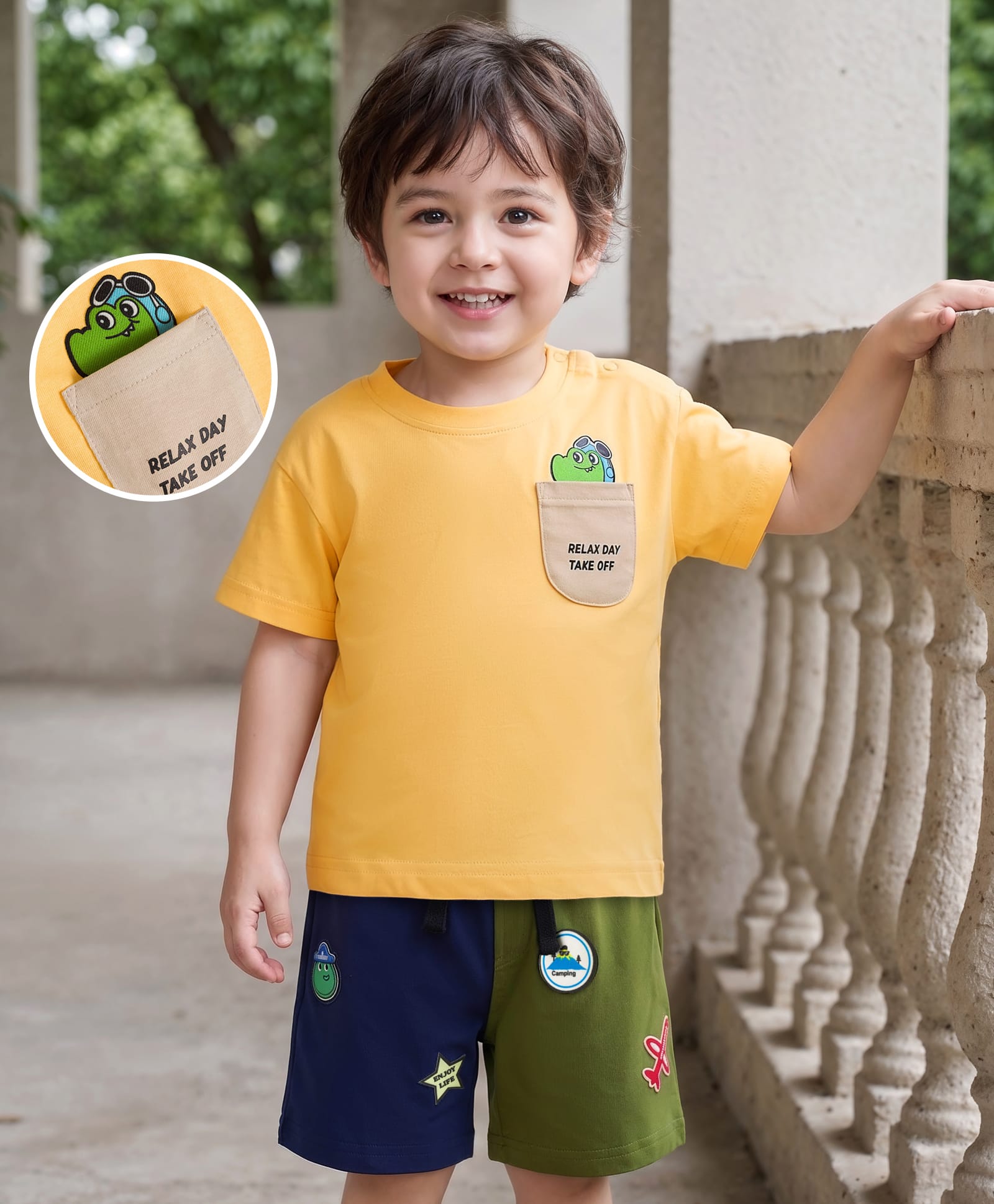 Mark & Mia Cotton Knit Half Sleeves Oversized T-Shirt & Shorts Set With Print Badge & Pocket Detailing - Multicolor-picture-33