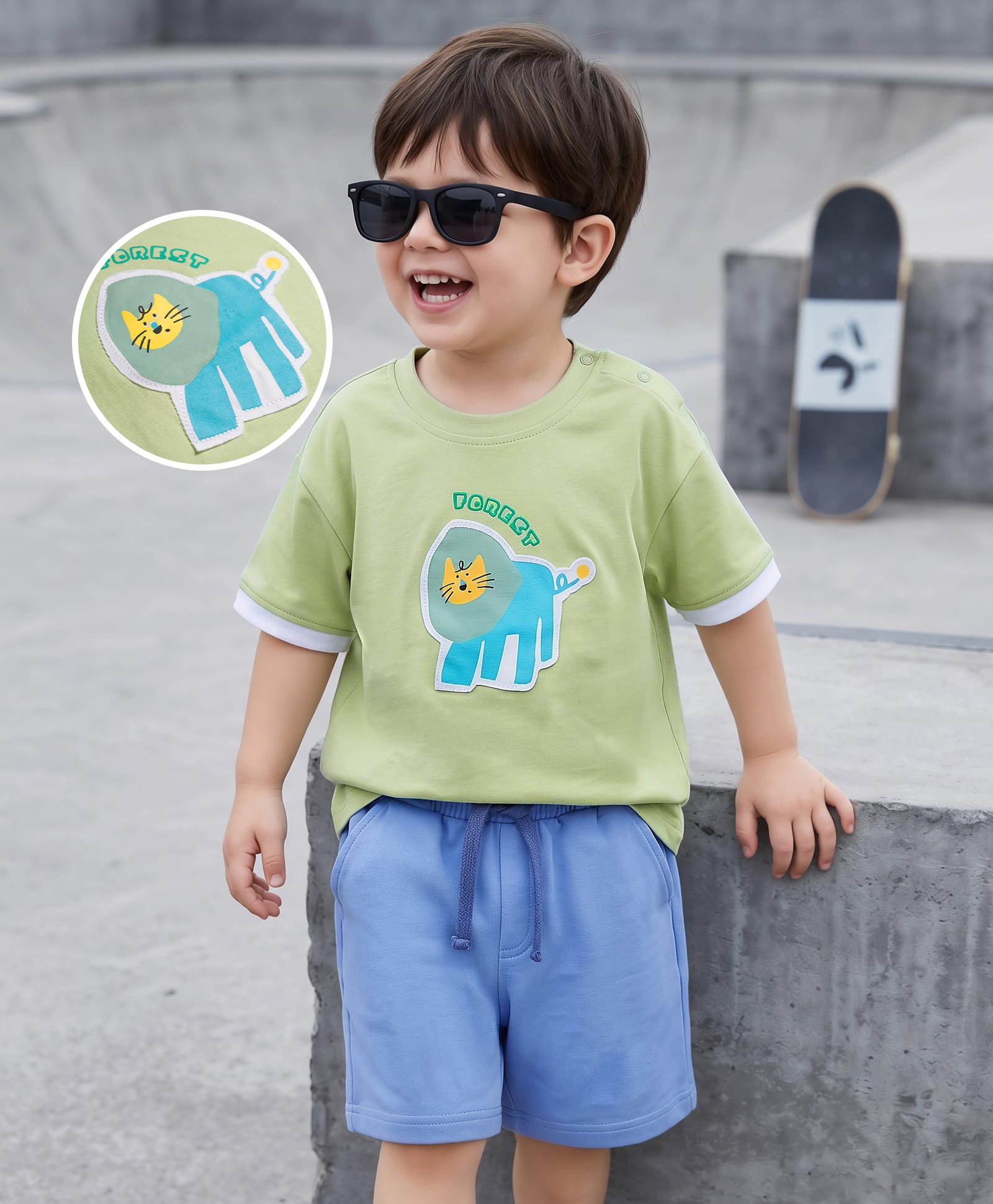 Mark & Mia Cotton Knit Half Sleeves Oversized T-Shirt & Shorts Set With Lion Print - Multicolor-picture-35