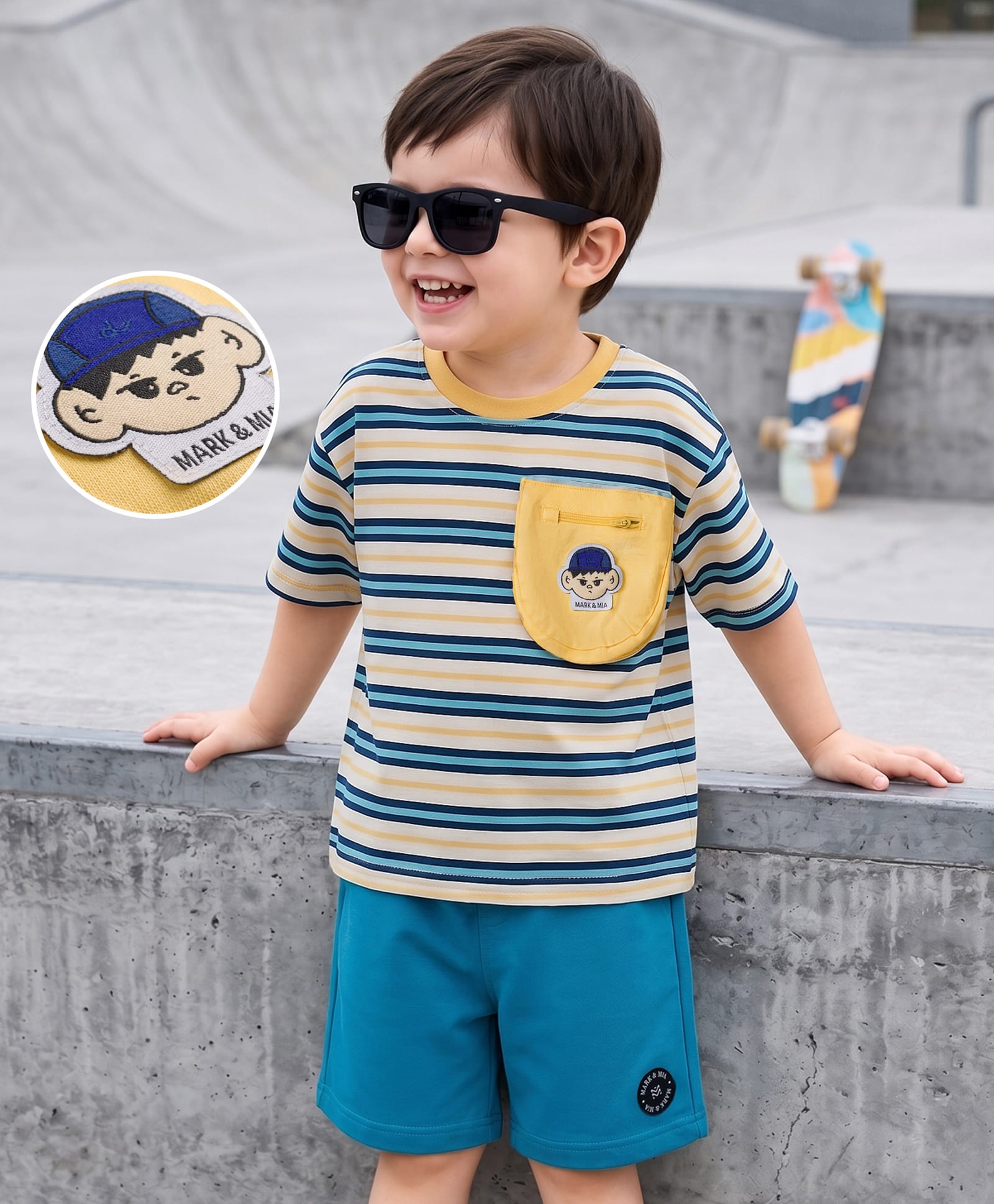 Mark & Mia Cotton Knit Half Sleeves Striped Oversized T-Shirt & Shorts Set with Pocket & Badge Detailing - Multicolor-image-43