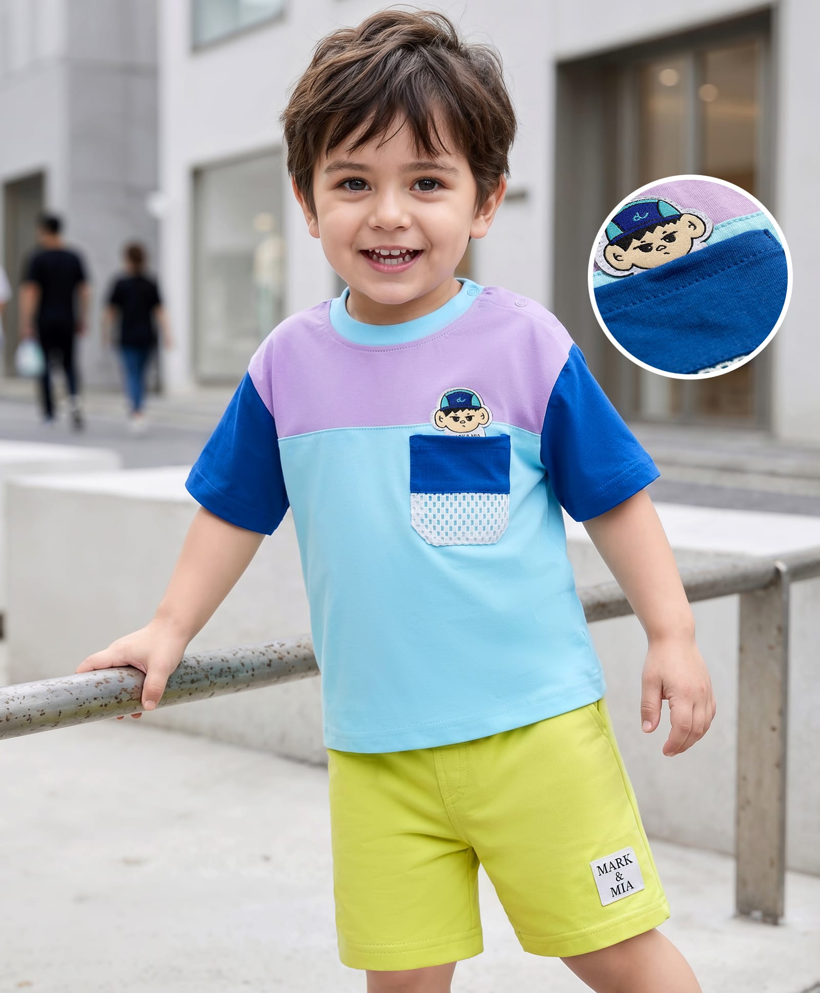 Mark & Mia Cotton Knit Drop Shoulder Half Sleeves Cut & Sew Oversized T-Shirt & Shorts Set with Badge & Pocket Detailing - Multicolor-image-36