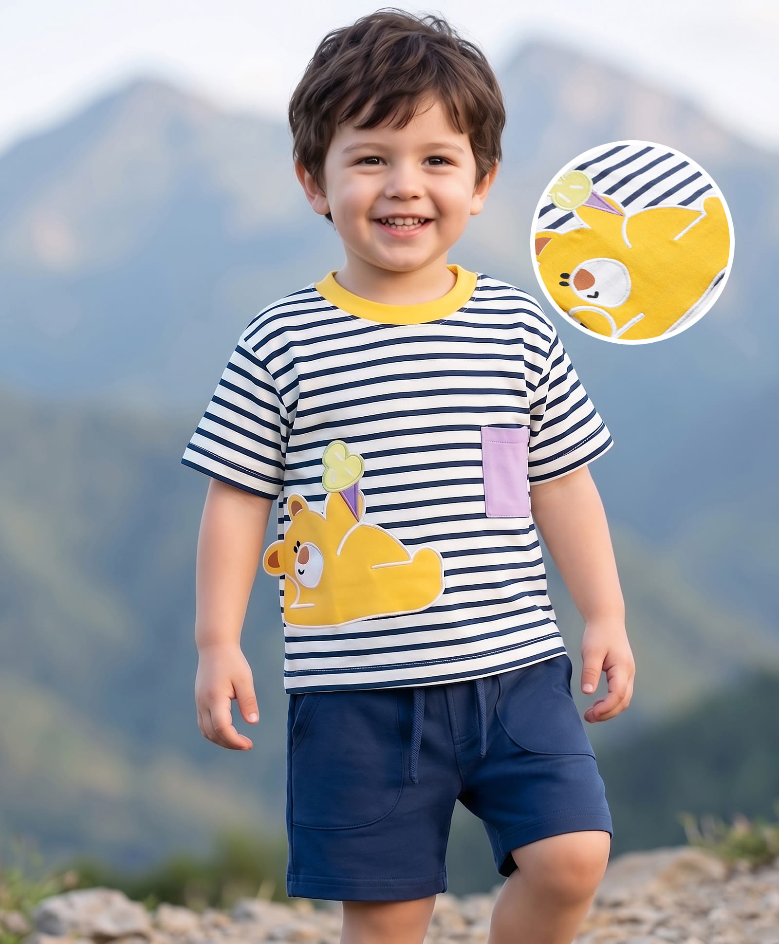 Mark & Mia Cotton Knit Half Sleeves Striped & Bear Embroidered Oversized T-Shirt & Shorts Set With Pocket & Applique - Multicolor-picture-22