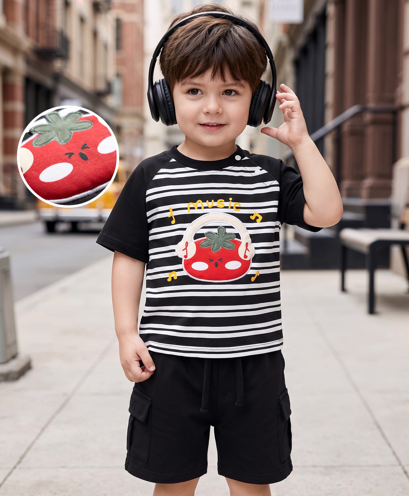Mark & Mia Cotton Knit Half Raglan Sleeves Striped T-Shirt & Shorts Set with Tomato Patch - Multicolor-picture-21