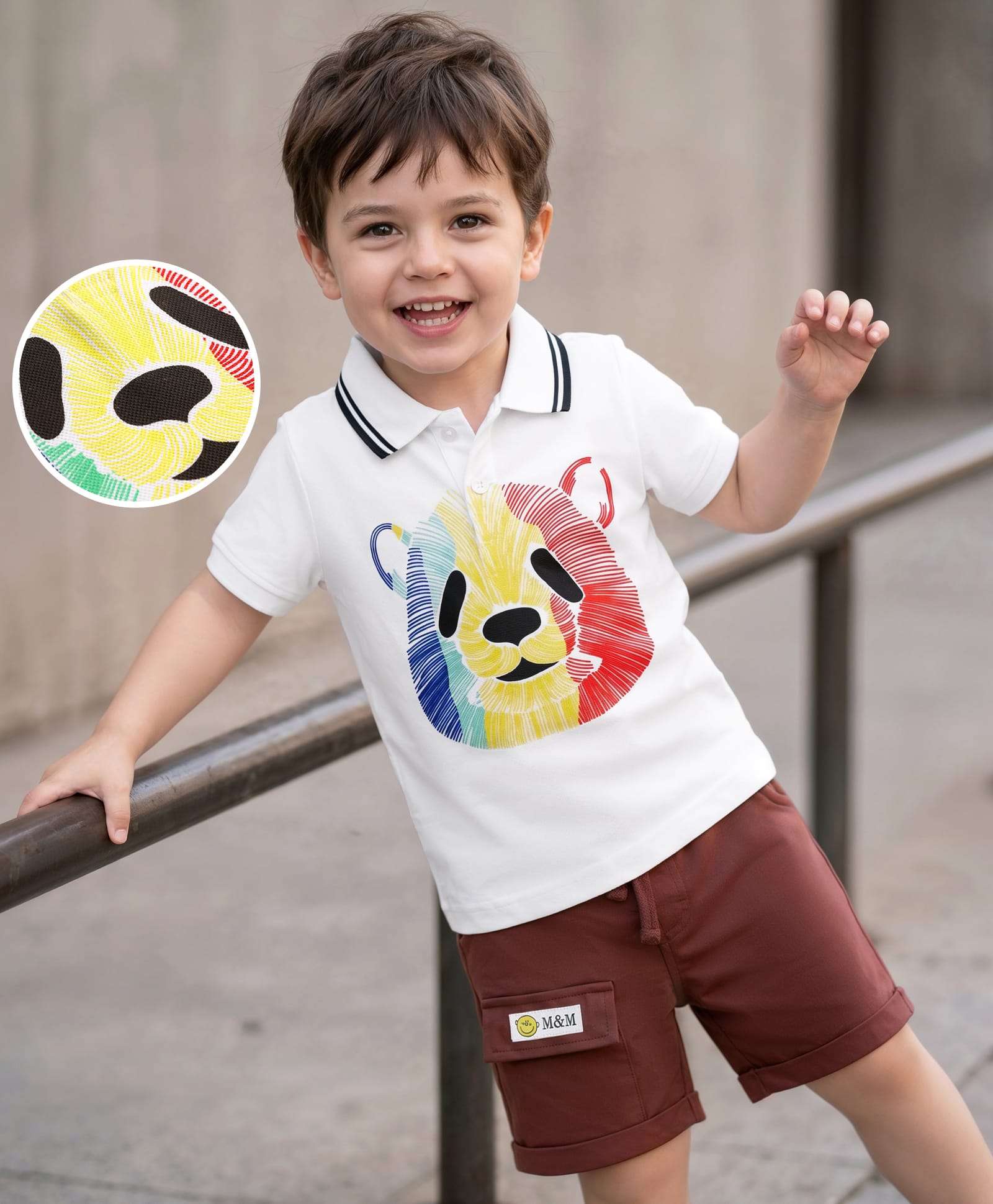 Mark & Mia Cotton Knit Half Sleeves Oversized Polo T-Shirt & Shorts Set with Panda Print - Multicolor-image-33