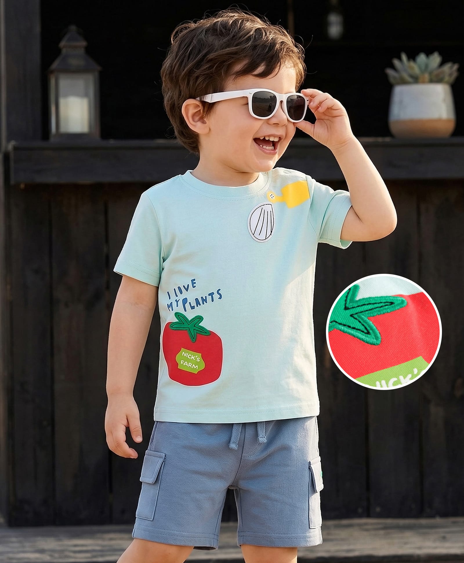 Mark & Mia Cotton Knit Half Sleeves Tomato & Text Printed T-Shirt & Shorts Set with Pocket- Light Blue-image-38
