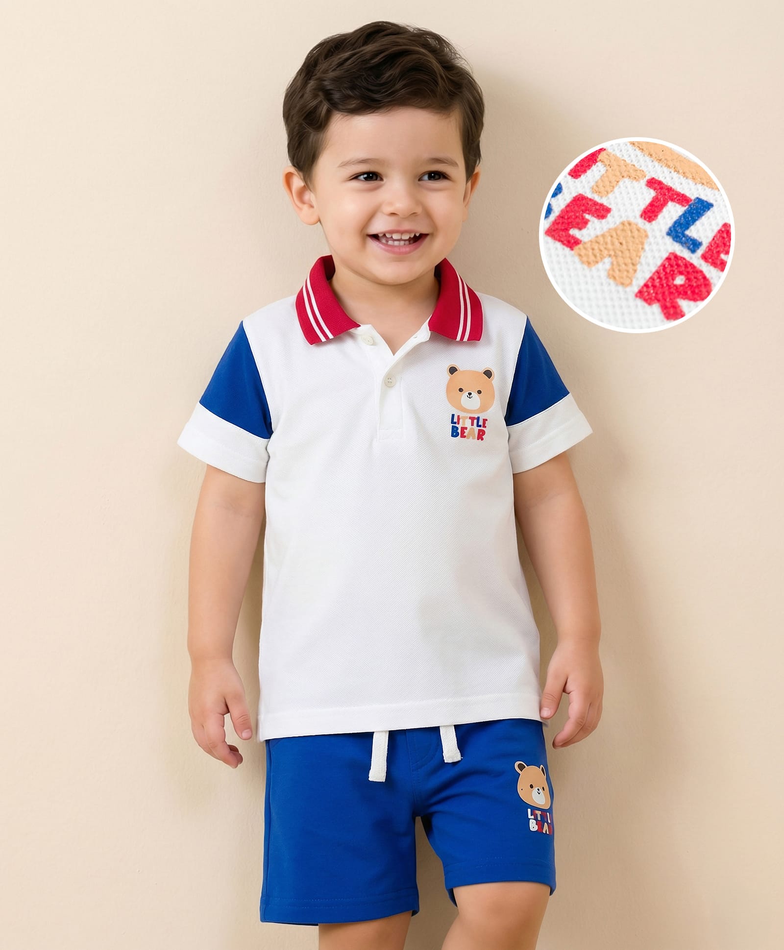 Mark & Mia Cotton Knit Half Sleeves Bear Printed Cut & Sew Polo T- Shirt & Shorts Set with Tipping Rib Detailing- Blue & White-image-27