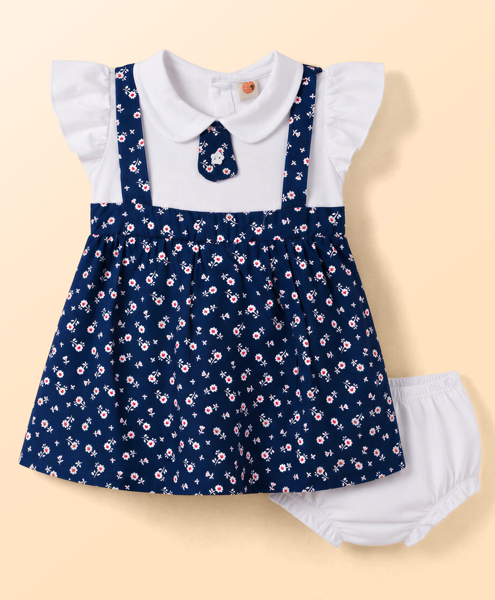 Dew Drops Cotton Woven Frill Sleeves Floral Printed Peter Pan Collared Frocks with Bloomer - Navy-picture-24