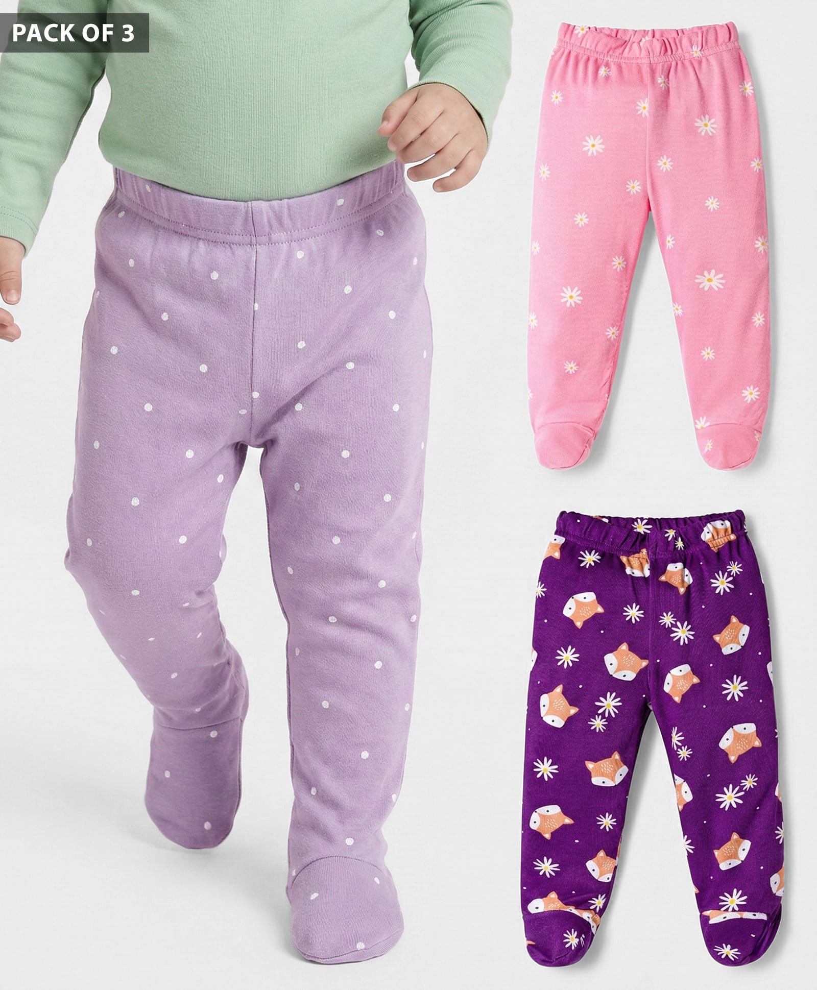 Babyhug Cotton Interlock Knit Bootie Leggings with Polka Dot Floral & Fox Print Pack of 3 - Purple Lilac & Pink-image-26