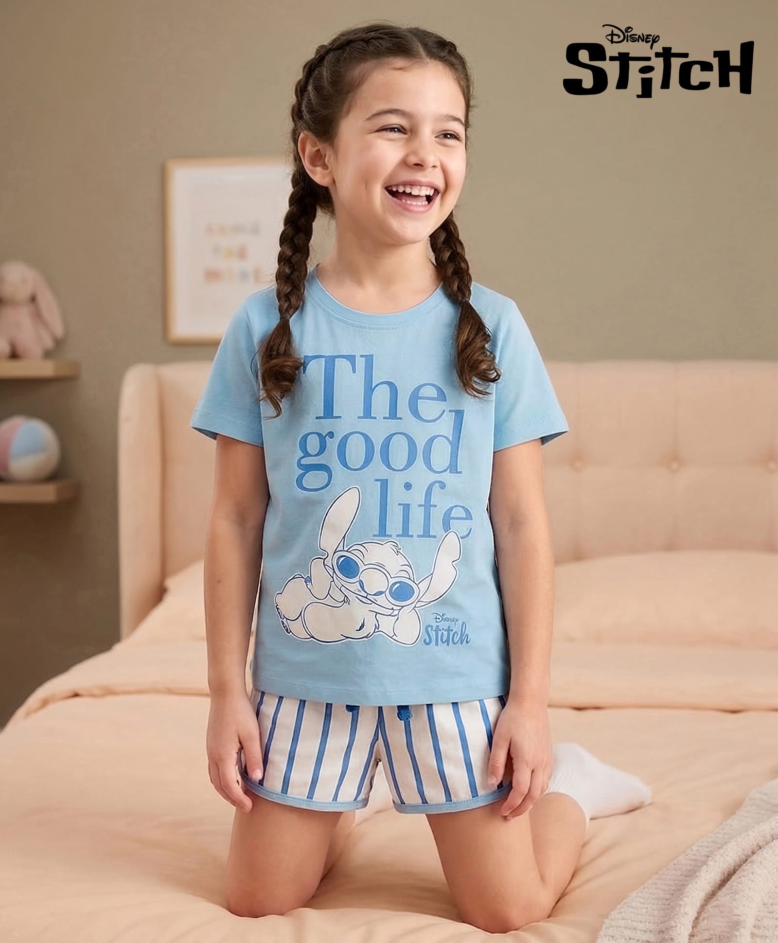HoneyHap Disney Single Jersey Knit Half Sleeves T-Shirt & Shorts Night Suit with Stitch Graphic & Stripes - Sky Blue-picture-28