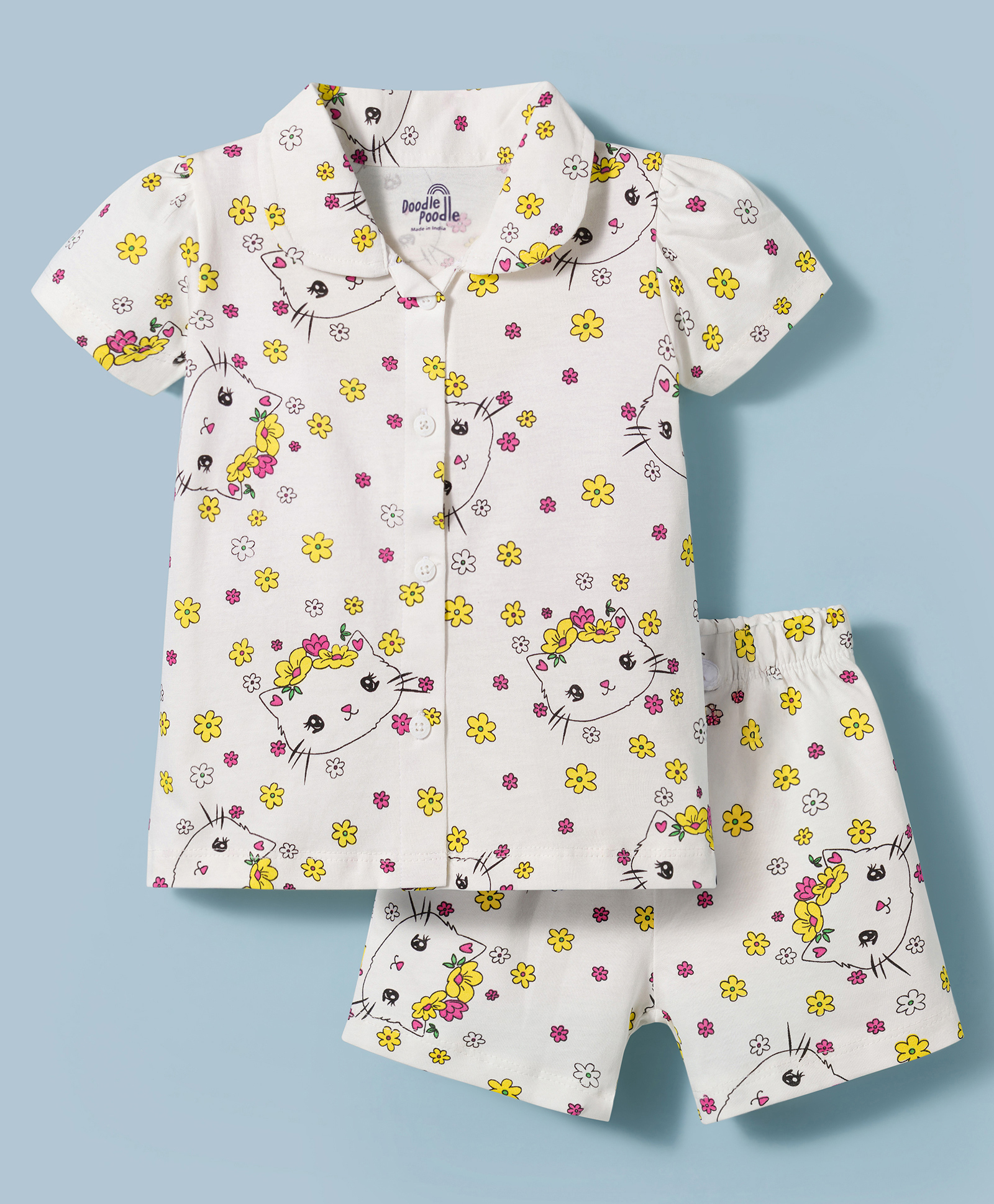 Doodle Poodle 100% Cotton Knit Half Sleeves Floral & Kitty Printed Front Open Co-Ords Shirt & Shorts Night Suit - White