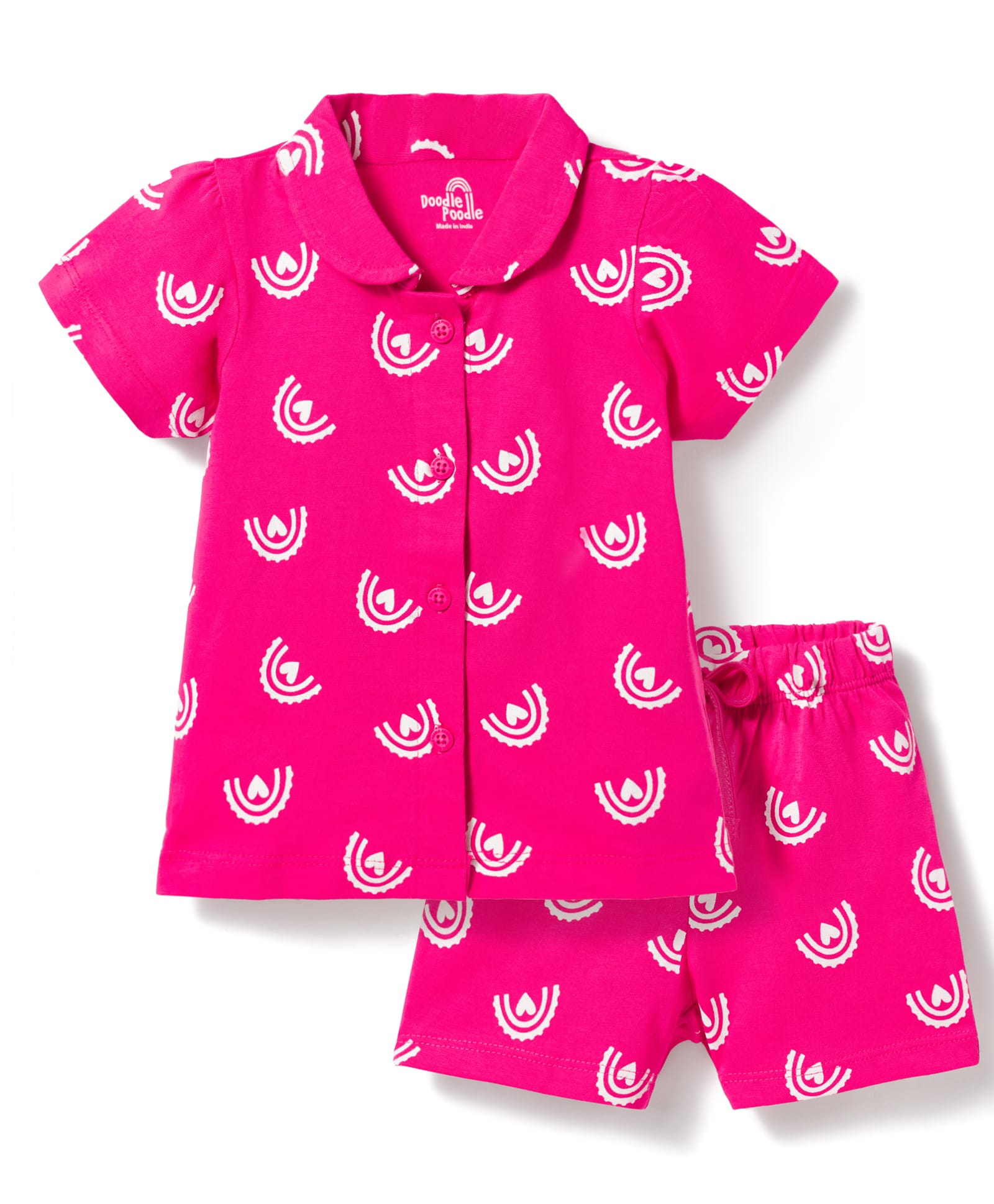 Doodle Poodle 100% Cotton Knit Half Sleeves Shirt & Shorts Co-ord Night Suit with Rainbow Print - Pink-picture-11