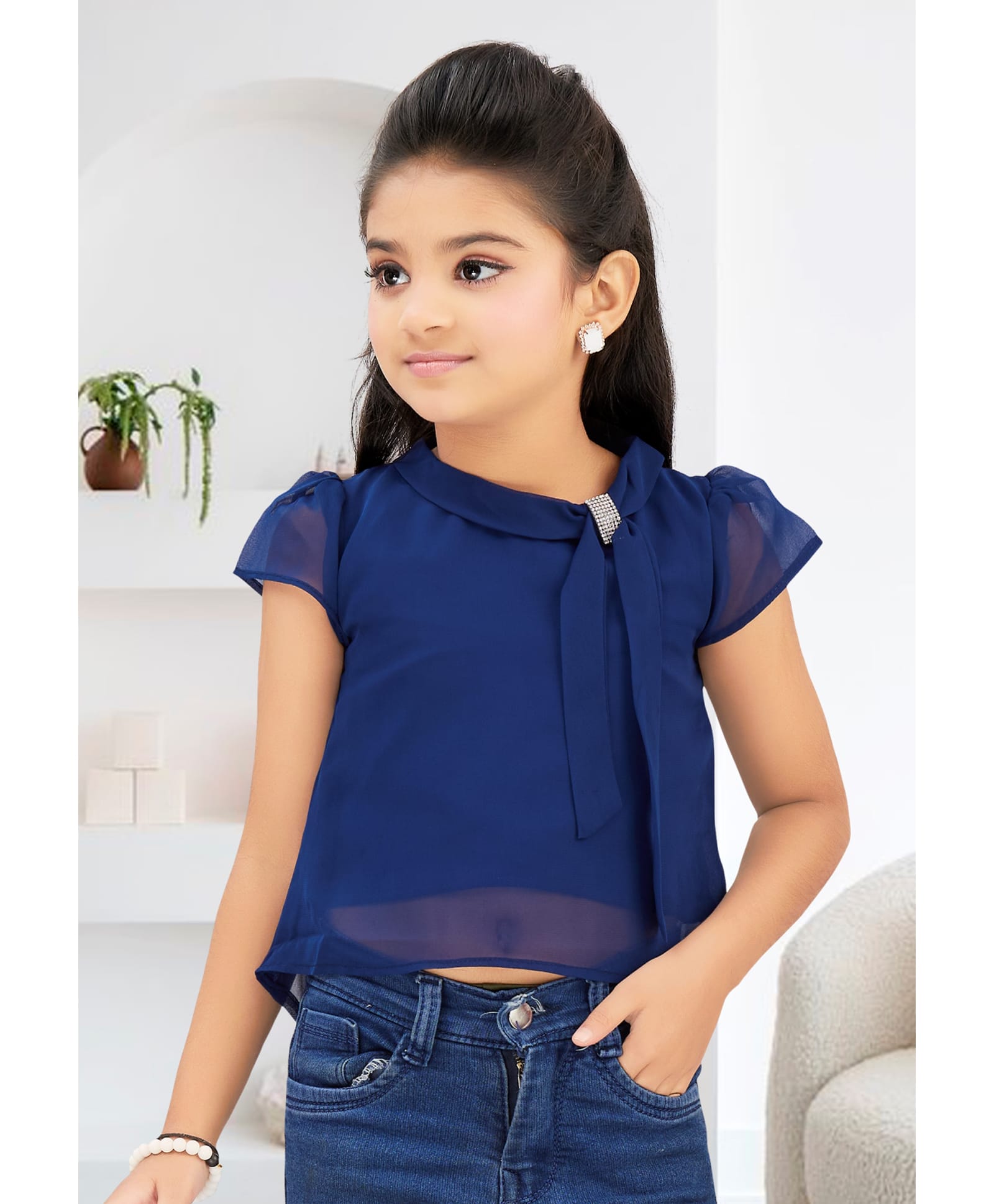 Lei-Chie Georgette Woven Half Sleeves Rhinestones Embellished Top - Blue-picture-18