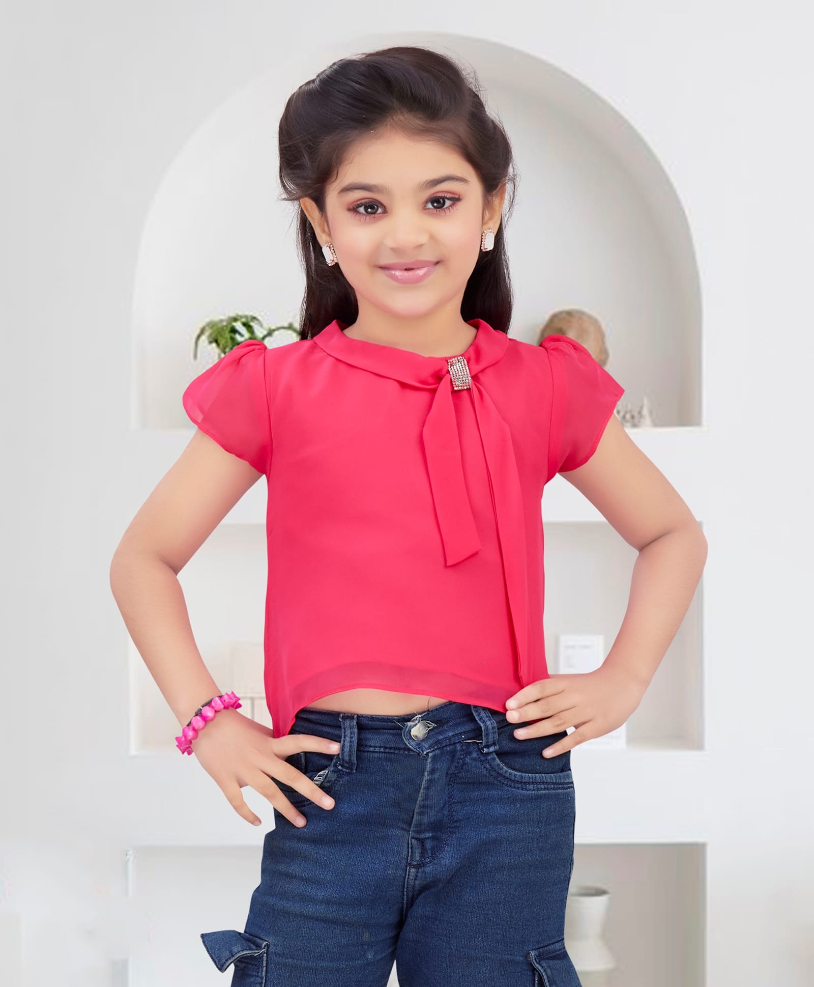 Lei-Chie Georgette Woven Half Sleeves Rhinestones Embellished Top - Pink-image-4