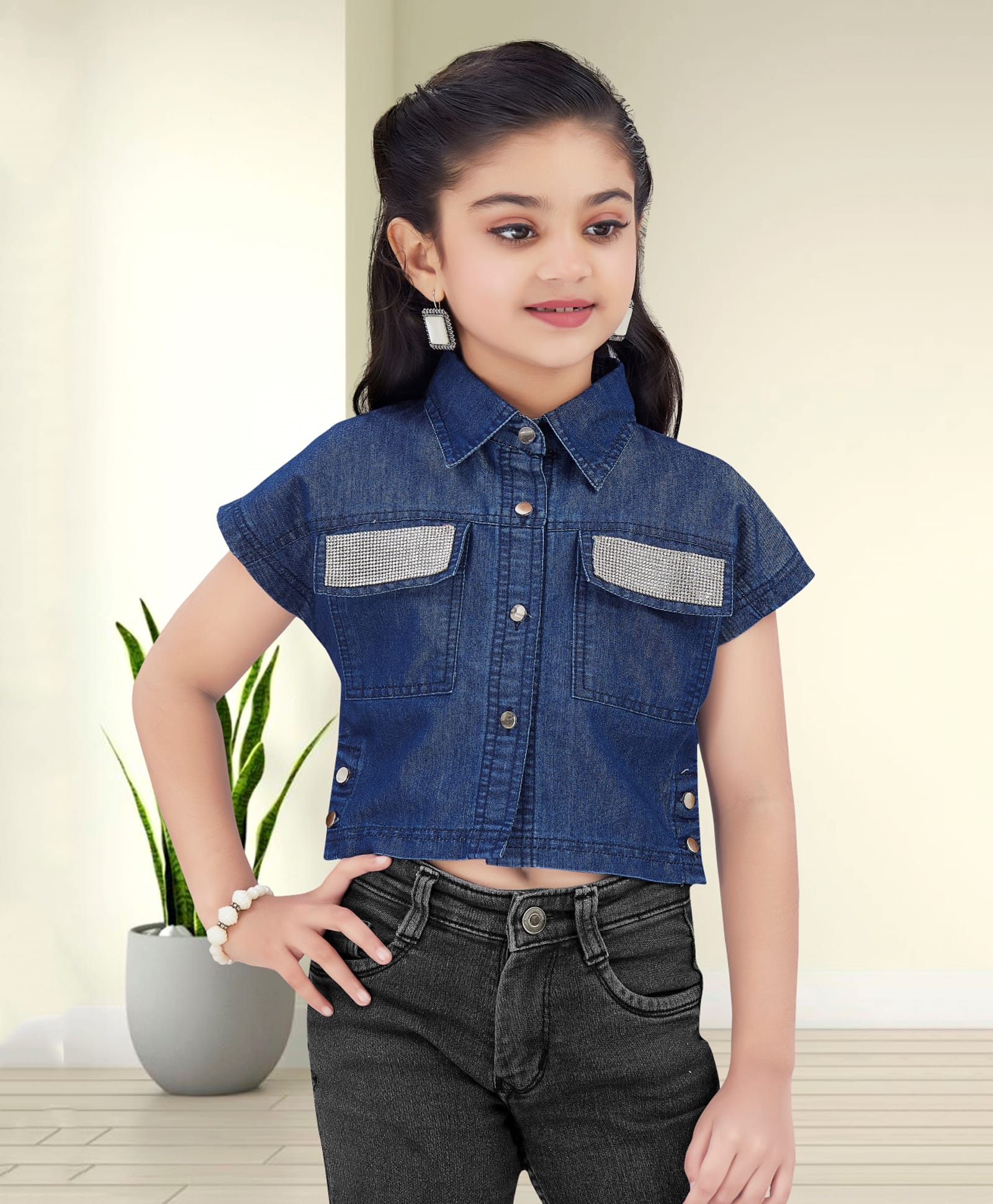 Lei-Chie Denim Woven Half Sleeves Sequin Embellished Pockets Detailed Shirt Styled Top - Blue-picture-30