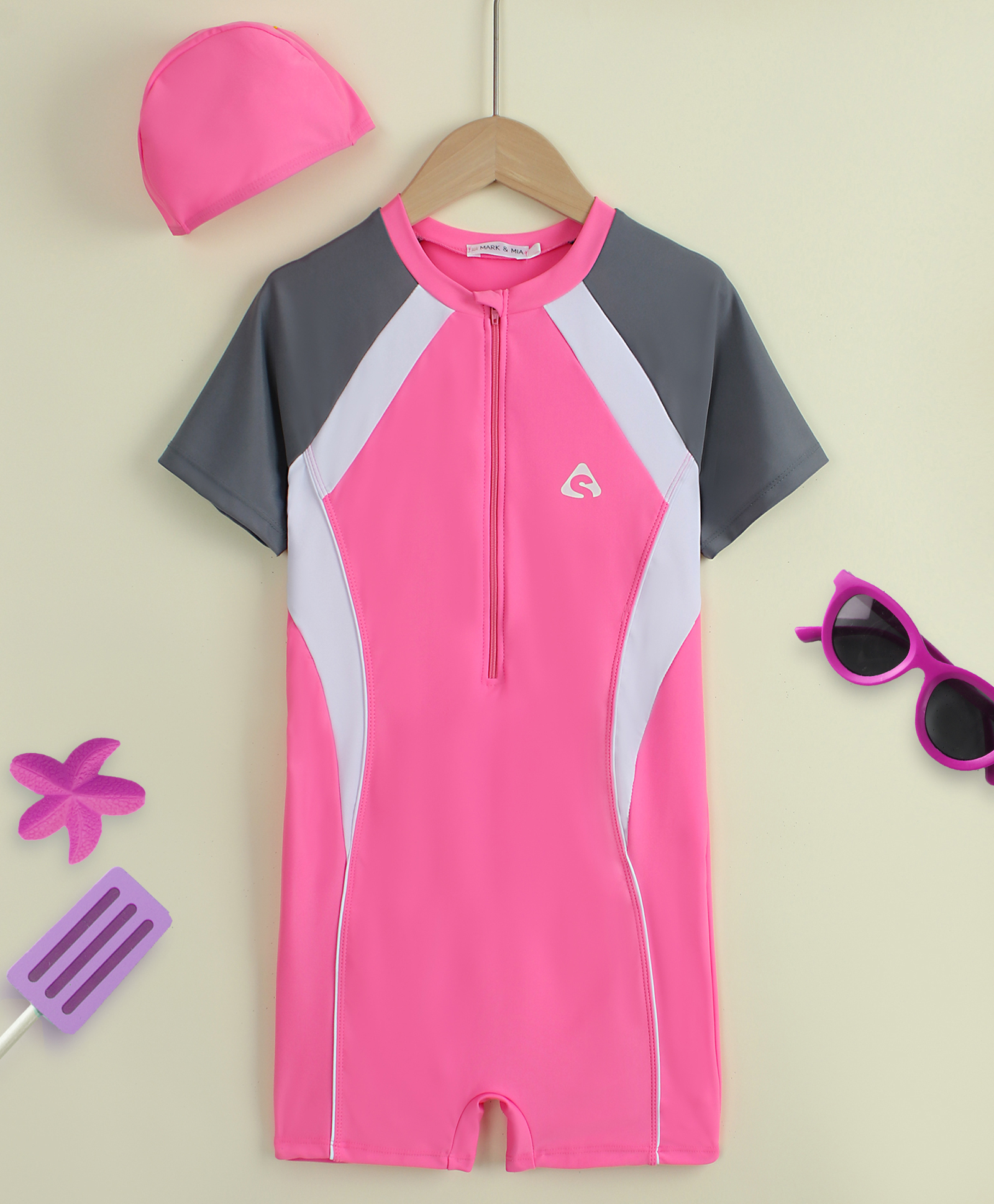 Mark & Mia Raglan Half Sleeves Solid Legged Swimsuit With Cap- Pink-image-12