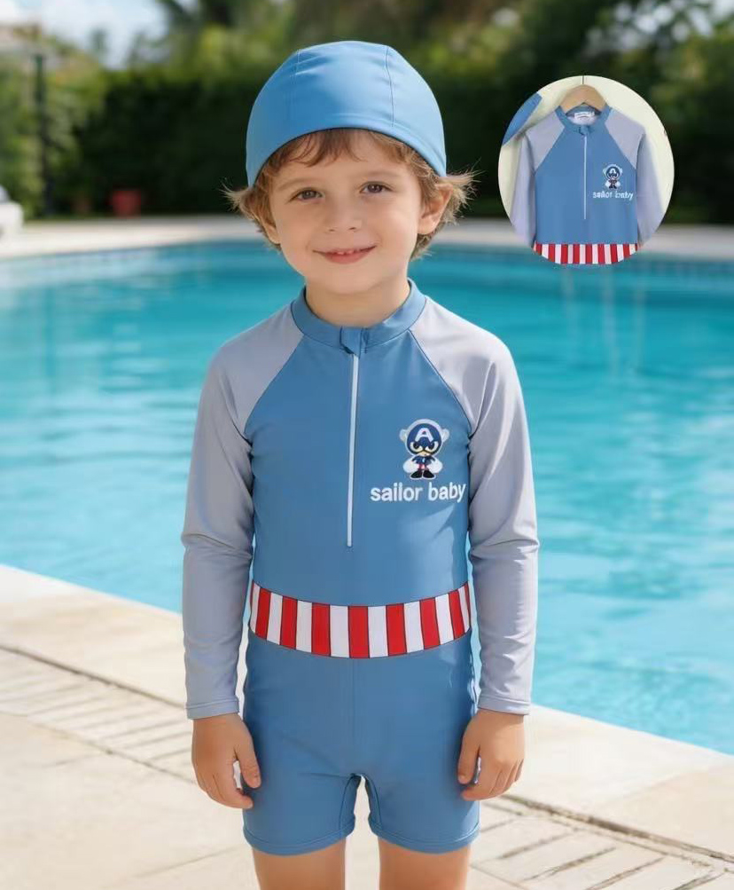 Mark & Mia Raglan Full Sleeves Nautical Theme Printed Legged Swimsuit With Cap - Blue-image-28